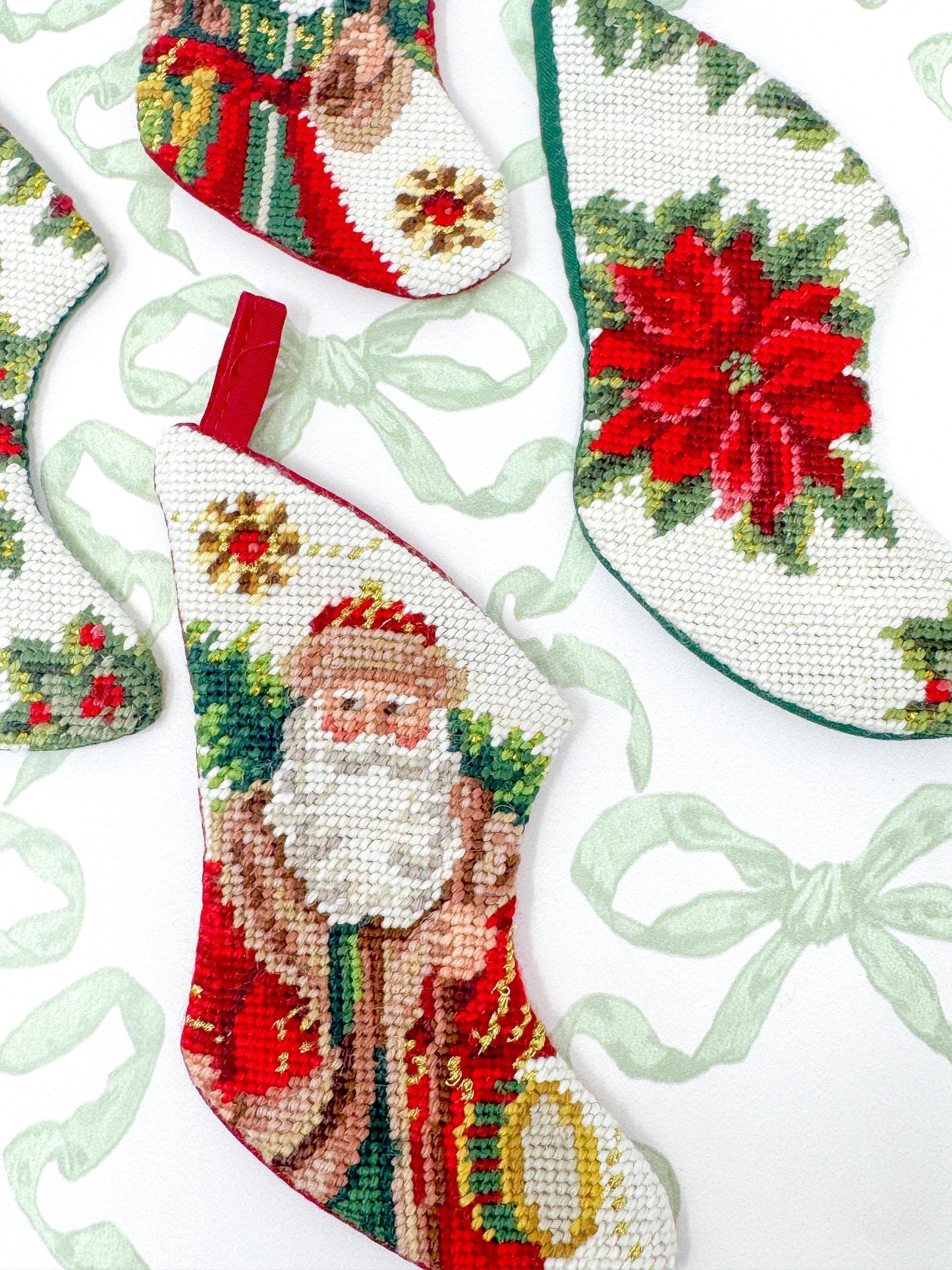 Vintage Mini Needlepoint Christmas Stockings, Poinsettia and Santa, Set of 4
