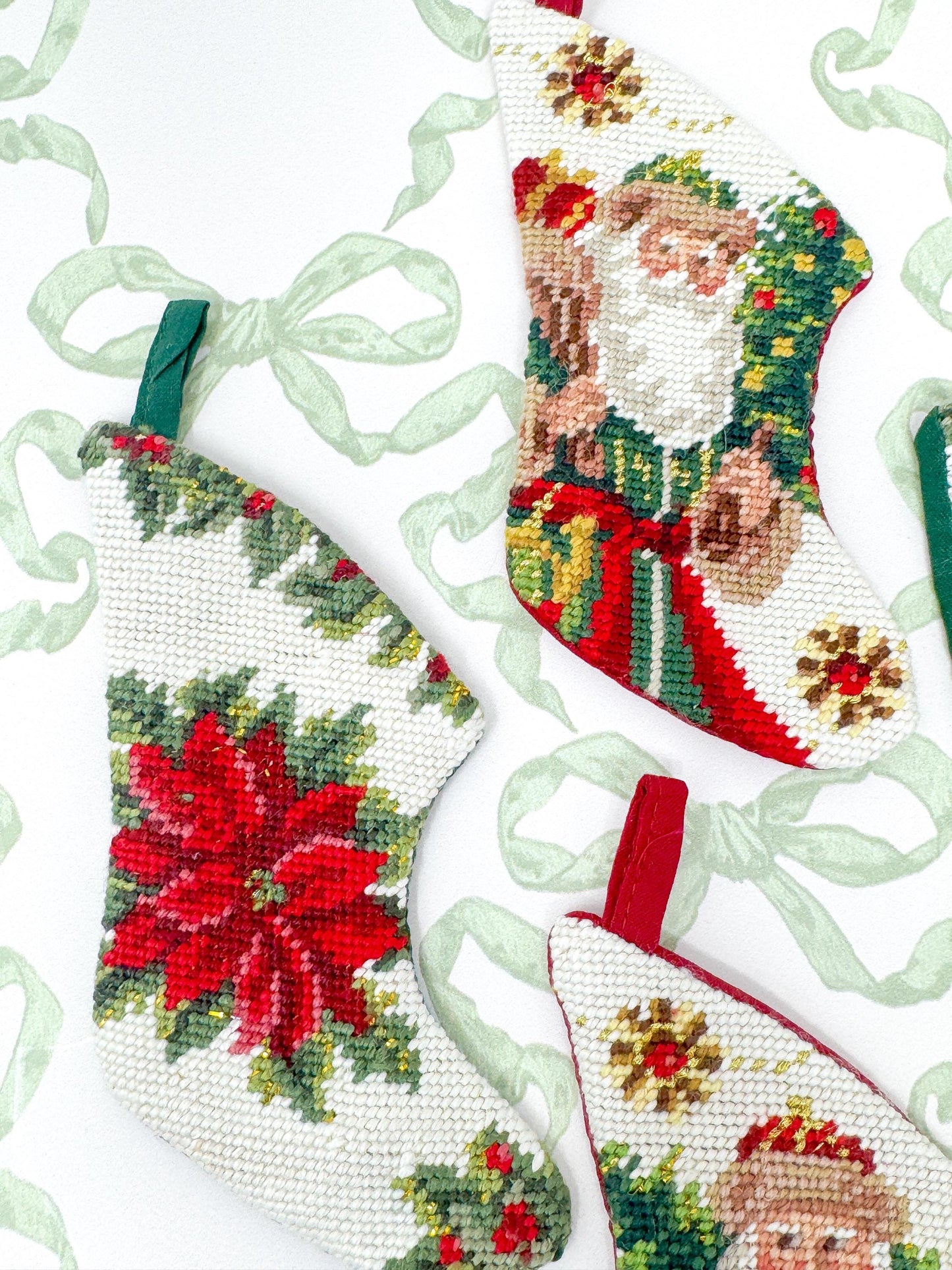 Vintage Mini Needlepoint Christmas Stockings, Poinsettia and Santa, Set of 4