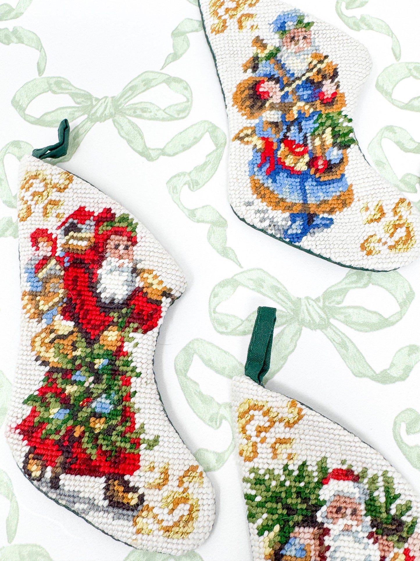 Vintage Mini Needlepoint Christmas Stockings, Santa Claus, Set of 4