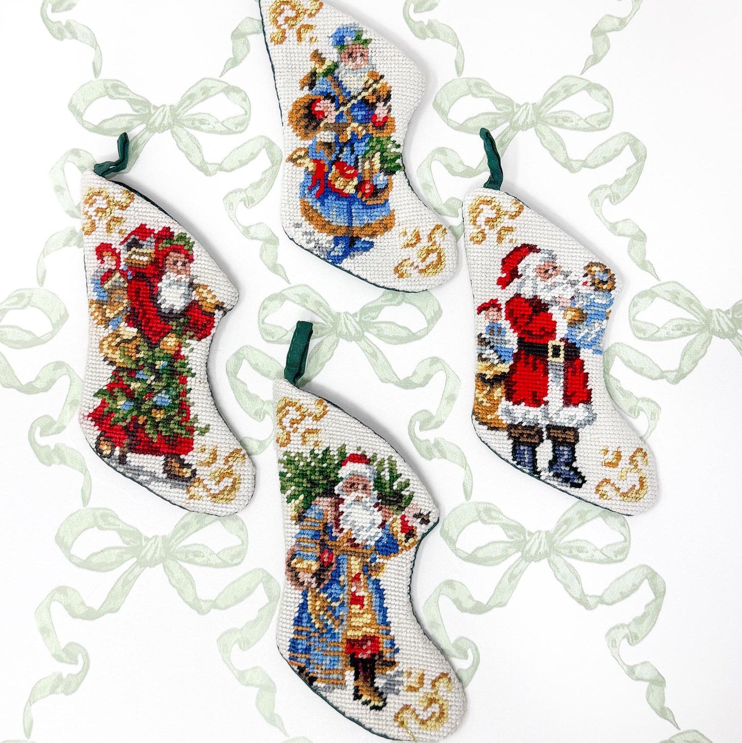 Vintage Mini Needlepoint Christmas Stockings, Santa Claus, Set of 4