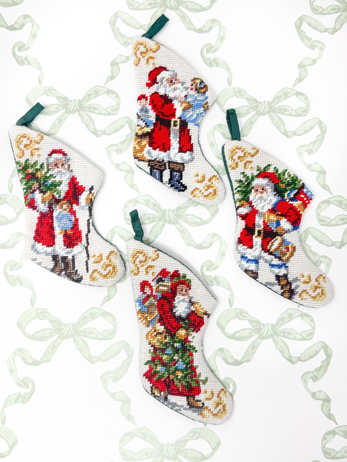 Vintage Mini Needlepoint Christmas Stockings, Santa Claus, Set of 4