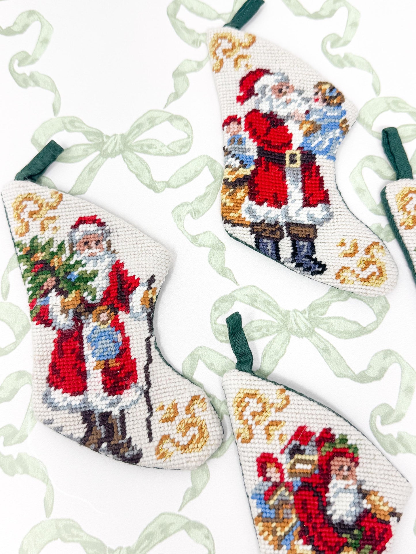 Vintage Mini Needlepoint Christmas Stockings, Santa Claus, Set of 4