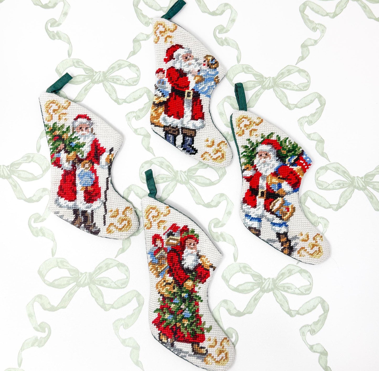Vintage Mini Needlepoint Christmas Stockings, Santa Claus, Set of 4