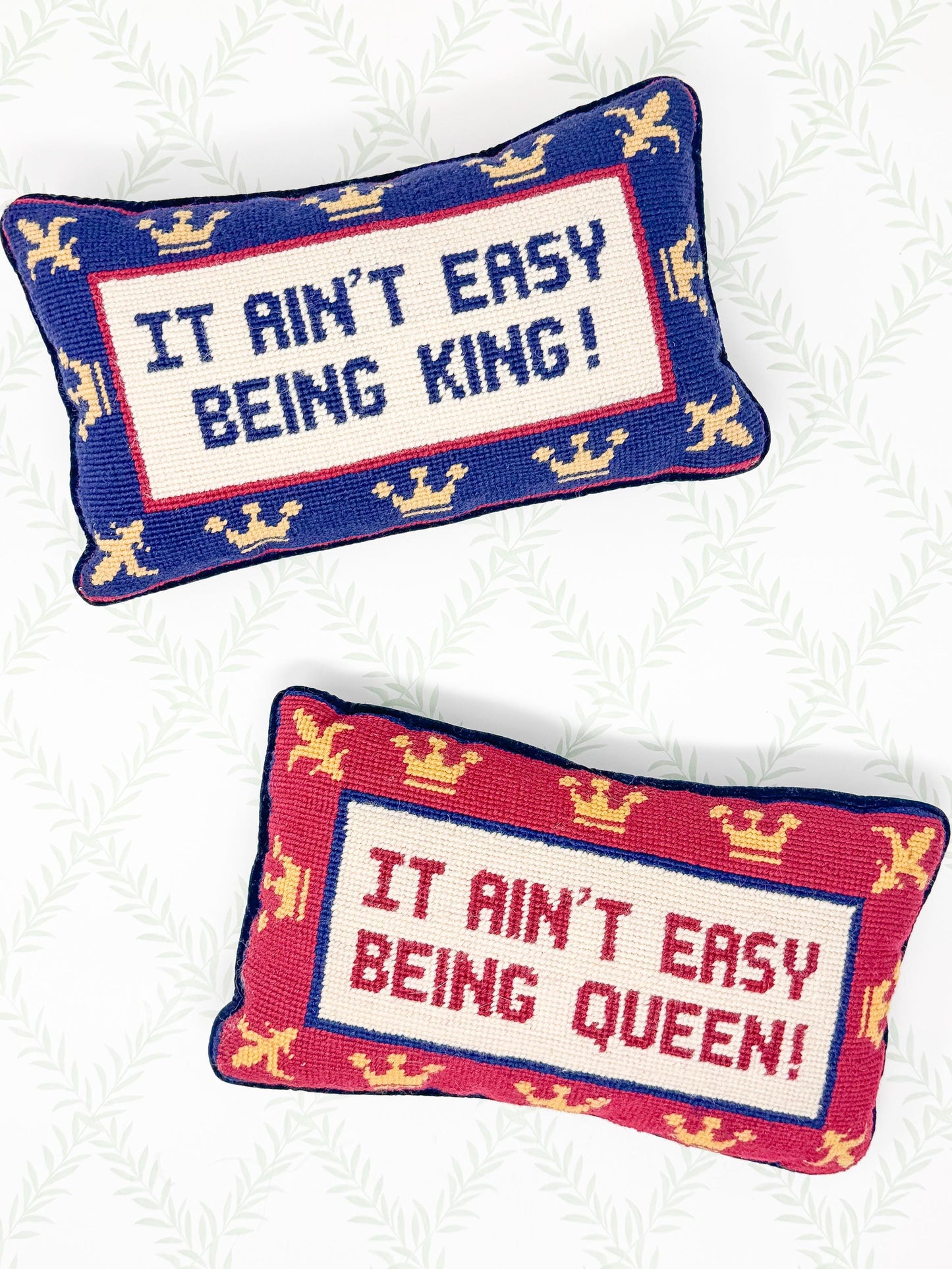 Cheeky Vintage Needlepoint Pillow - It Ain't Easy Being King - Grandmillennial Decor