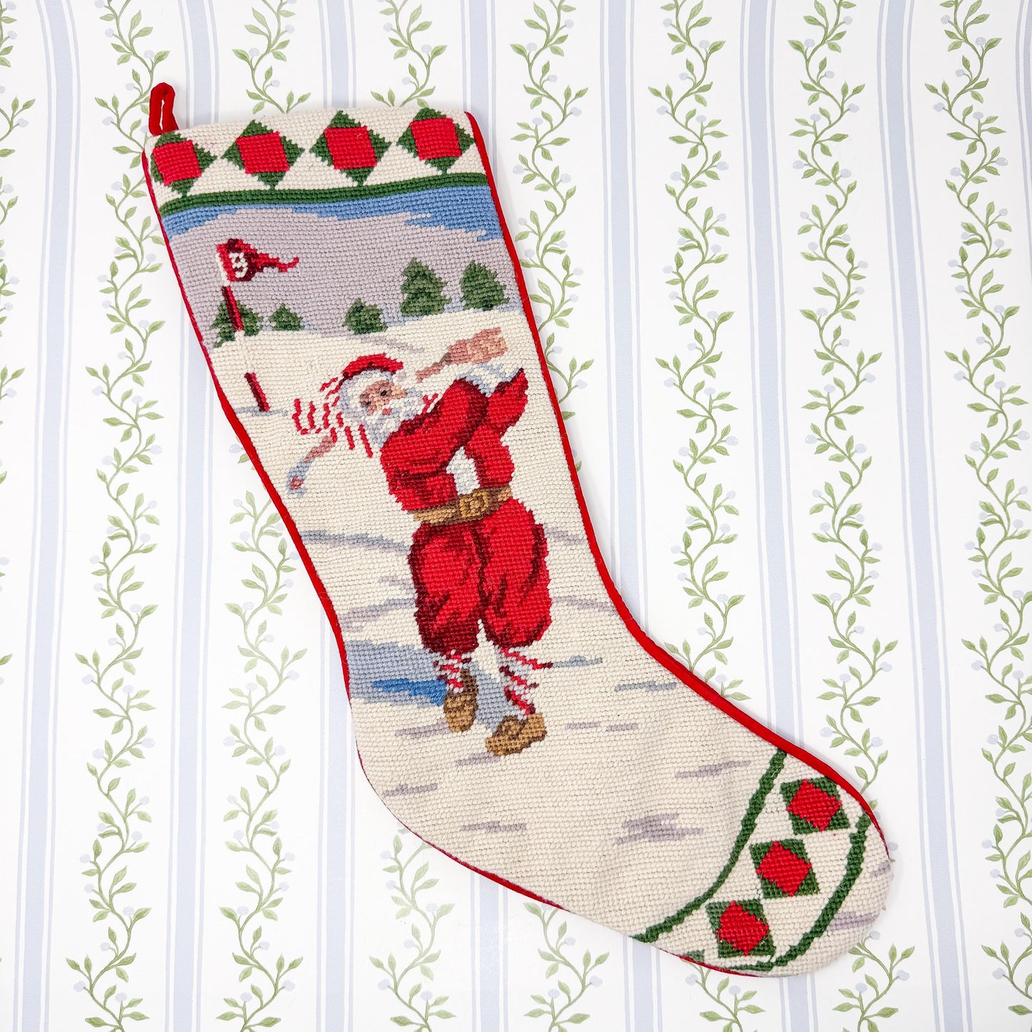 Vintage Needlepoint Santa Golf Christmas Stocking