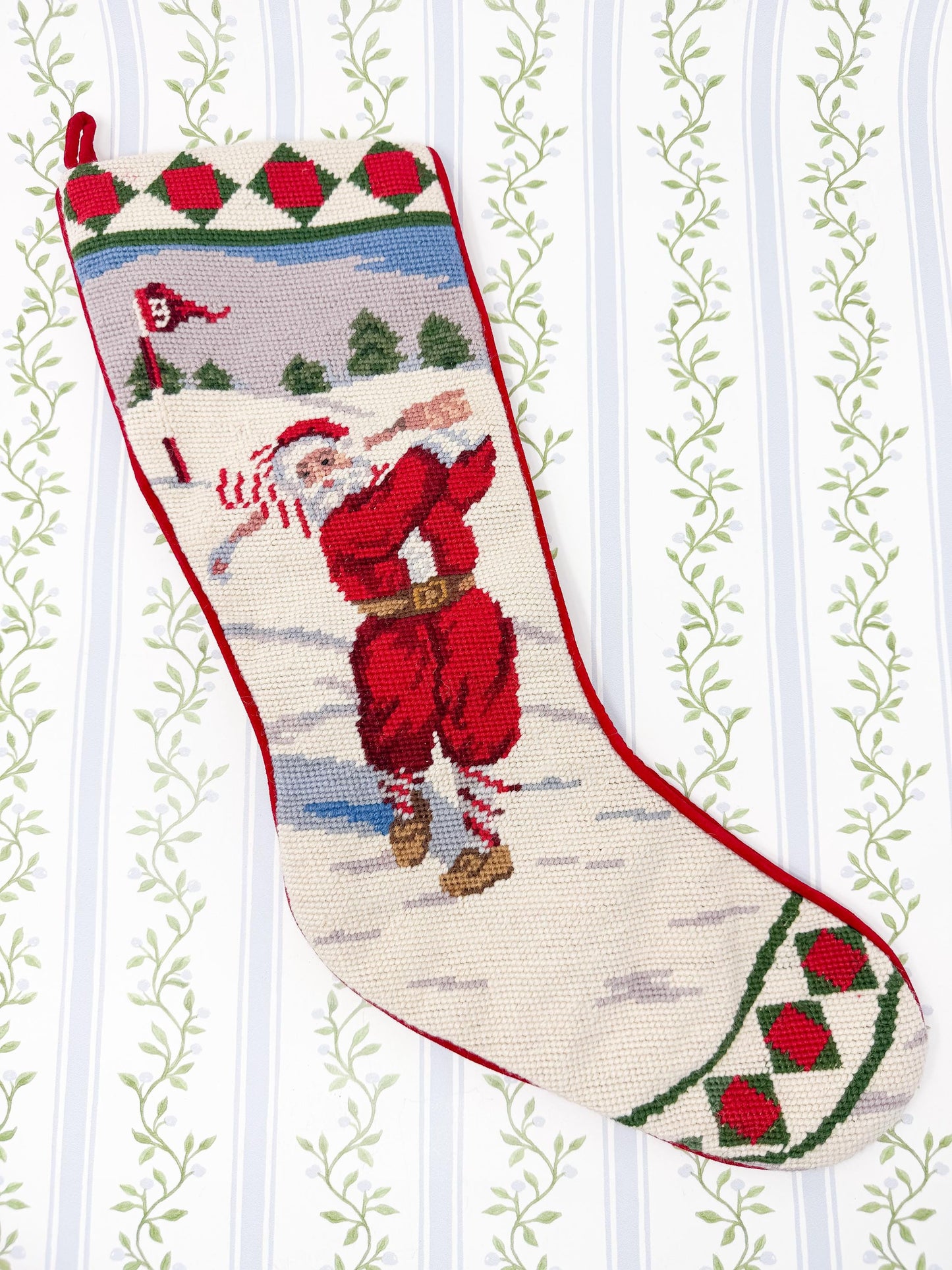 Vintage Needlepoint Santa Golf Christmas Stocking