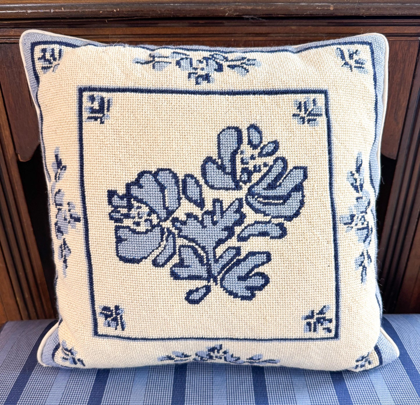 Vintage Hand Stitched Blue and White Needlepoint Pillow, 13"