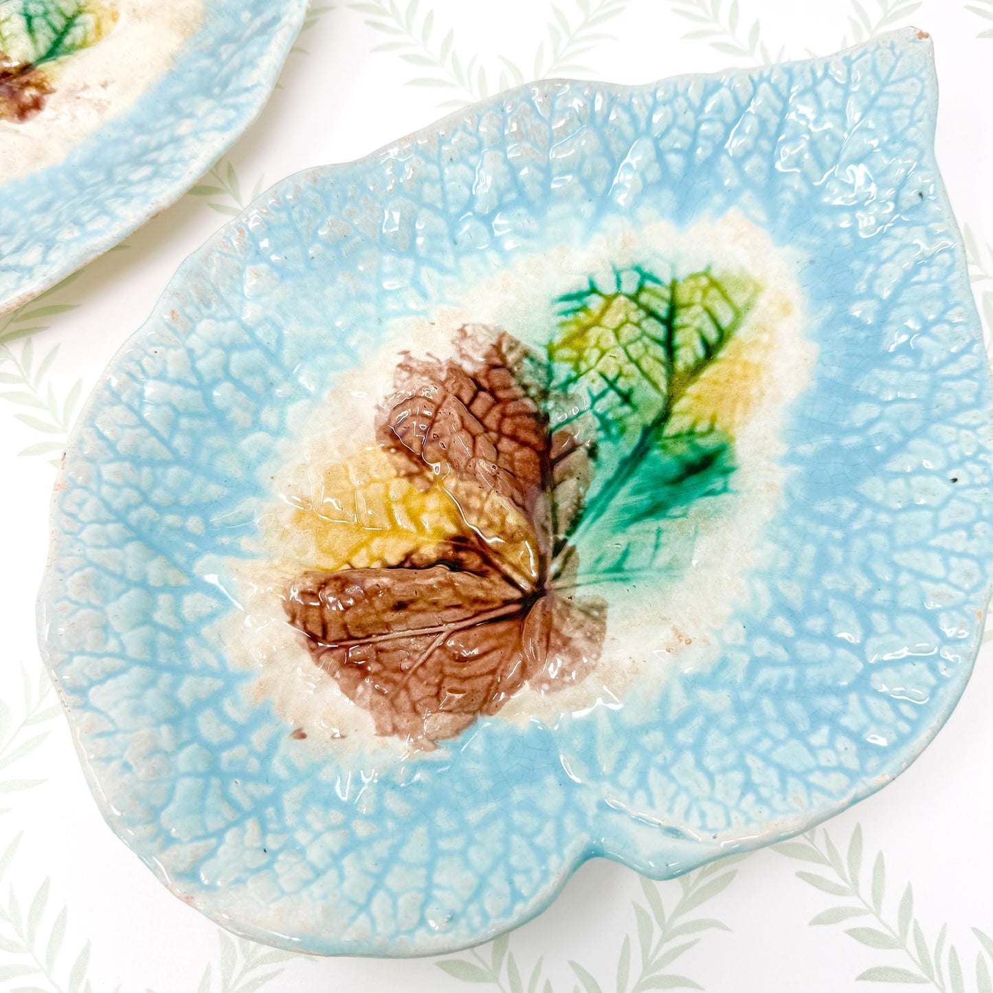 Antique French Majolica Leaf Plates, Teal and Brown