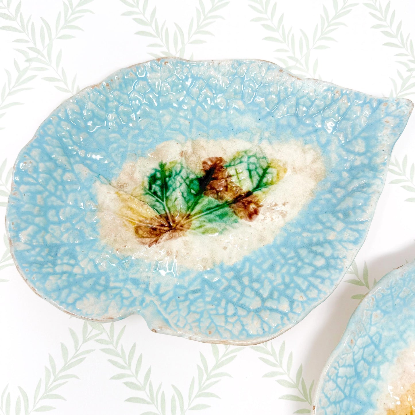Antique French Majolica Leaf Plates, Teal and Brown