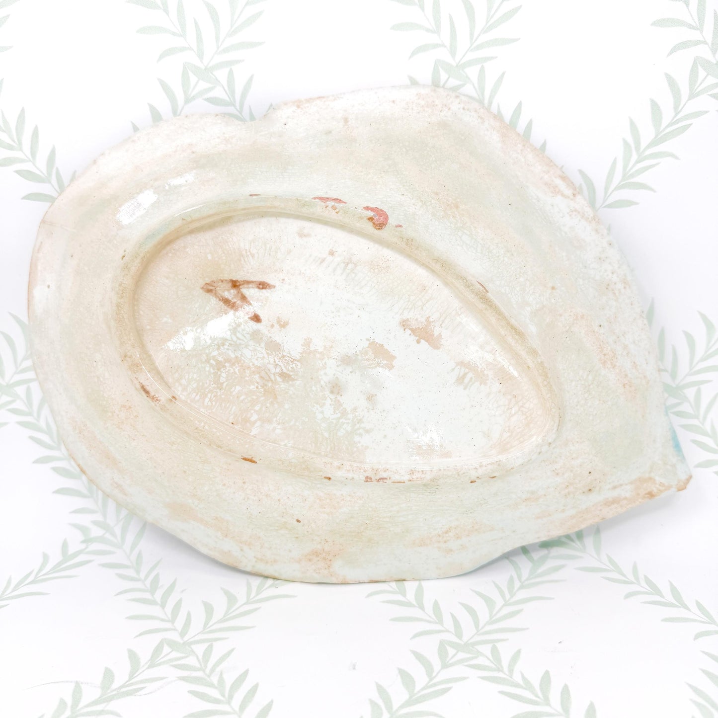 Antique French Majolica Leaf Plates, Teal and Brown