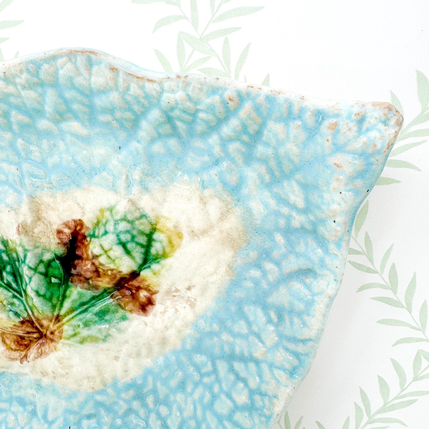 Antique French Majolica Leaf Plates, Teal and Brown