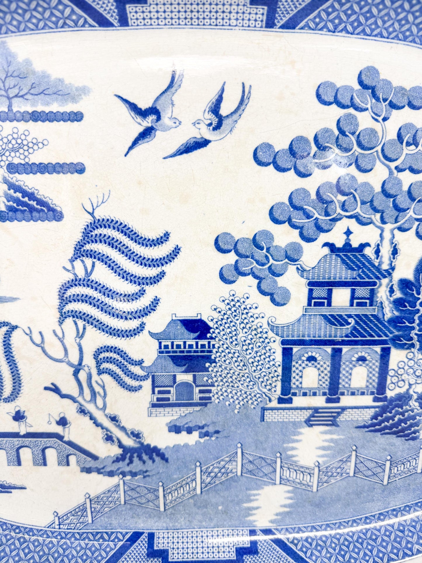 Antique Blue Willow Transferware Serving Platter, 21"