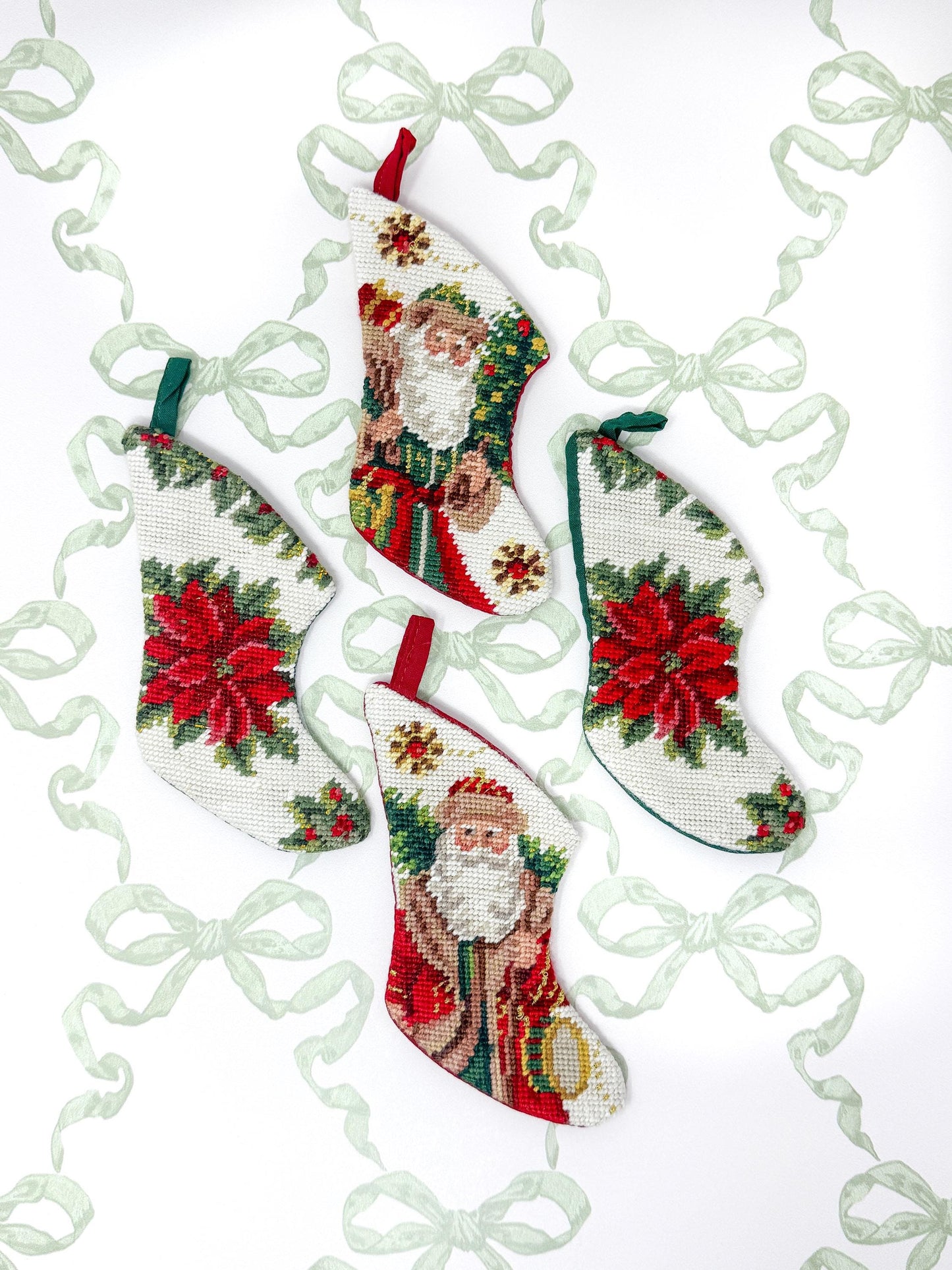 Vintage Mini Needlepoint Christmas Stockings, Poinsettia and Santa, Set of 4