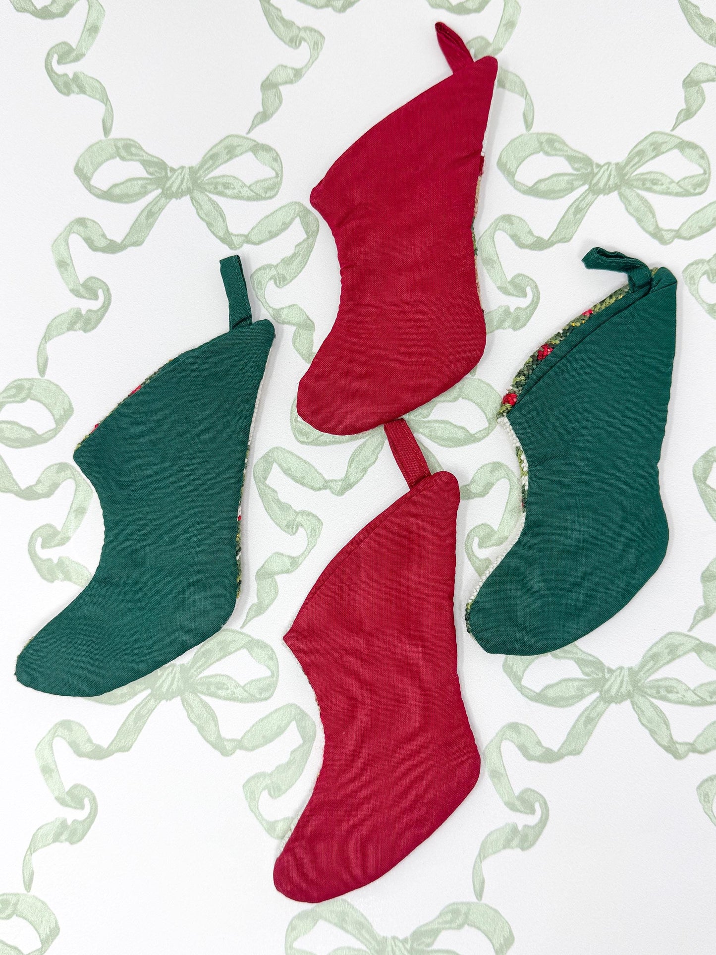 Vintage Mini Needlepoint Christmas Stockings, Poinsettia and Santa, Set of 4