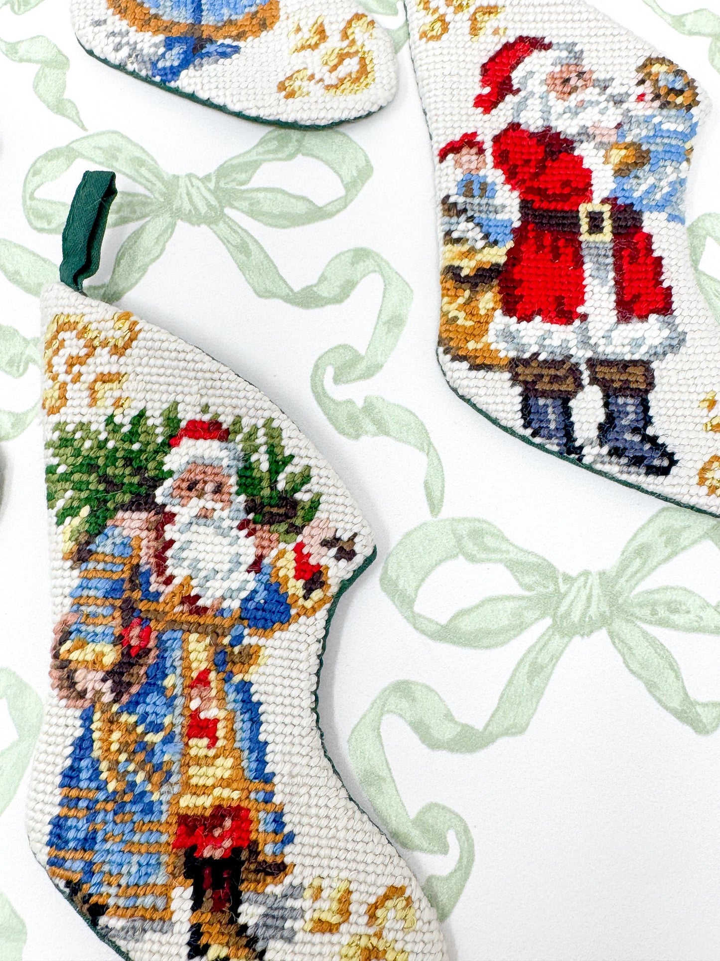 Vintage Mini Needlepoint Christmas Stockings, Santa Claus, Set of 4