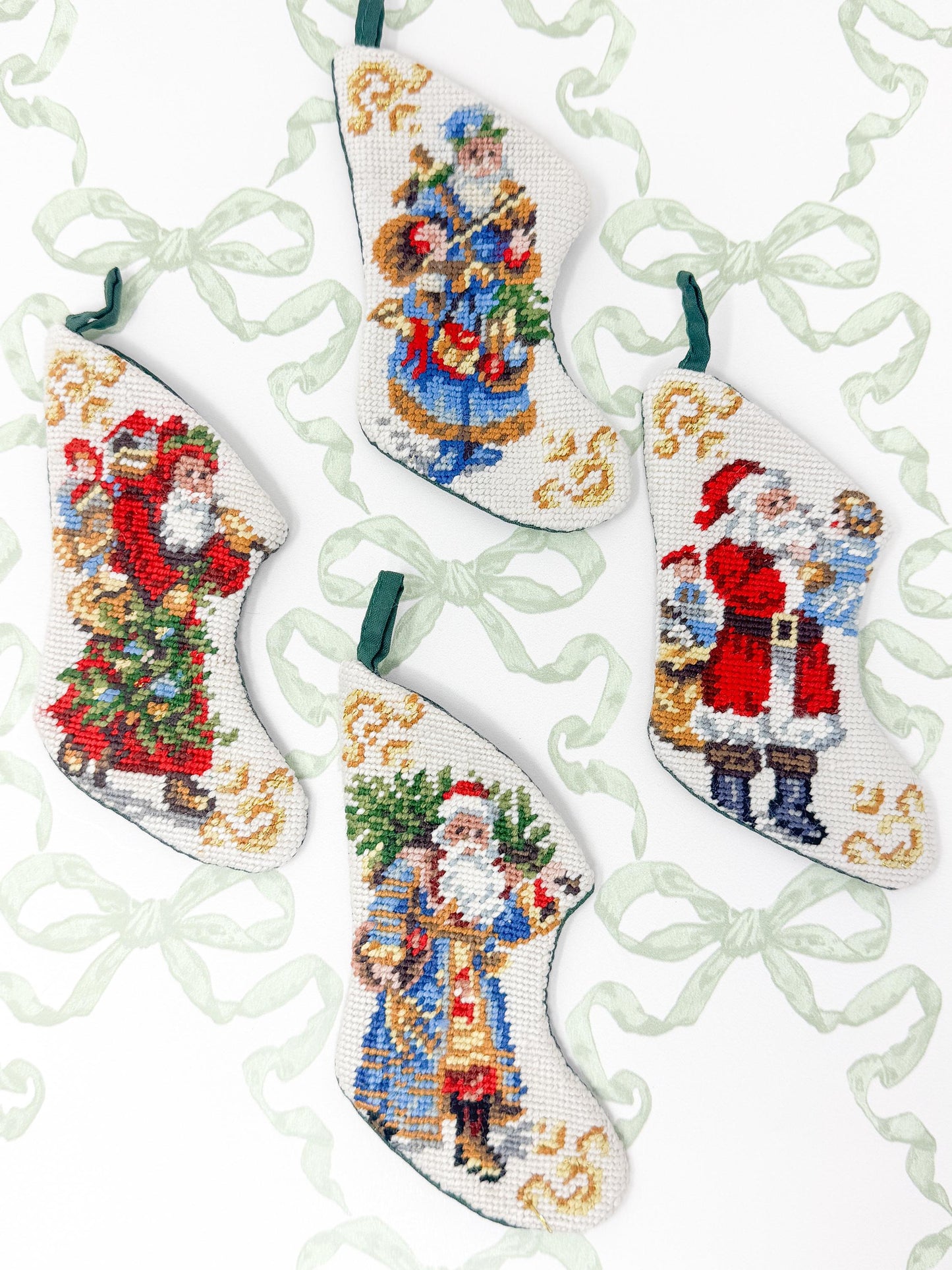 Vintage Mini Needlepoint Christmas Stockings, Santa Claus, Set of 4