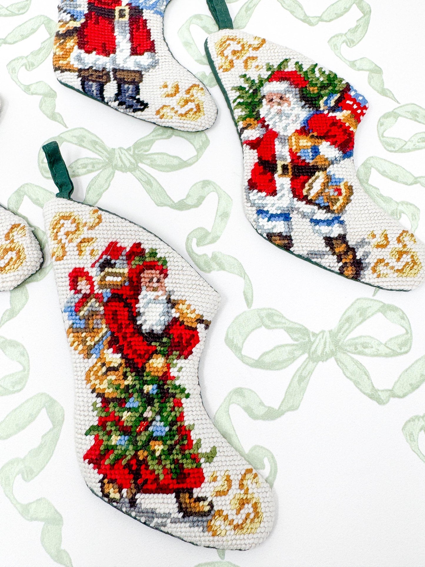 Vintage Mini Needlepoint Christmas Stockings, Santa Claus, Set of 4