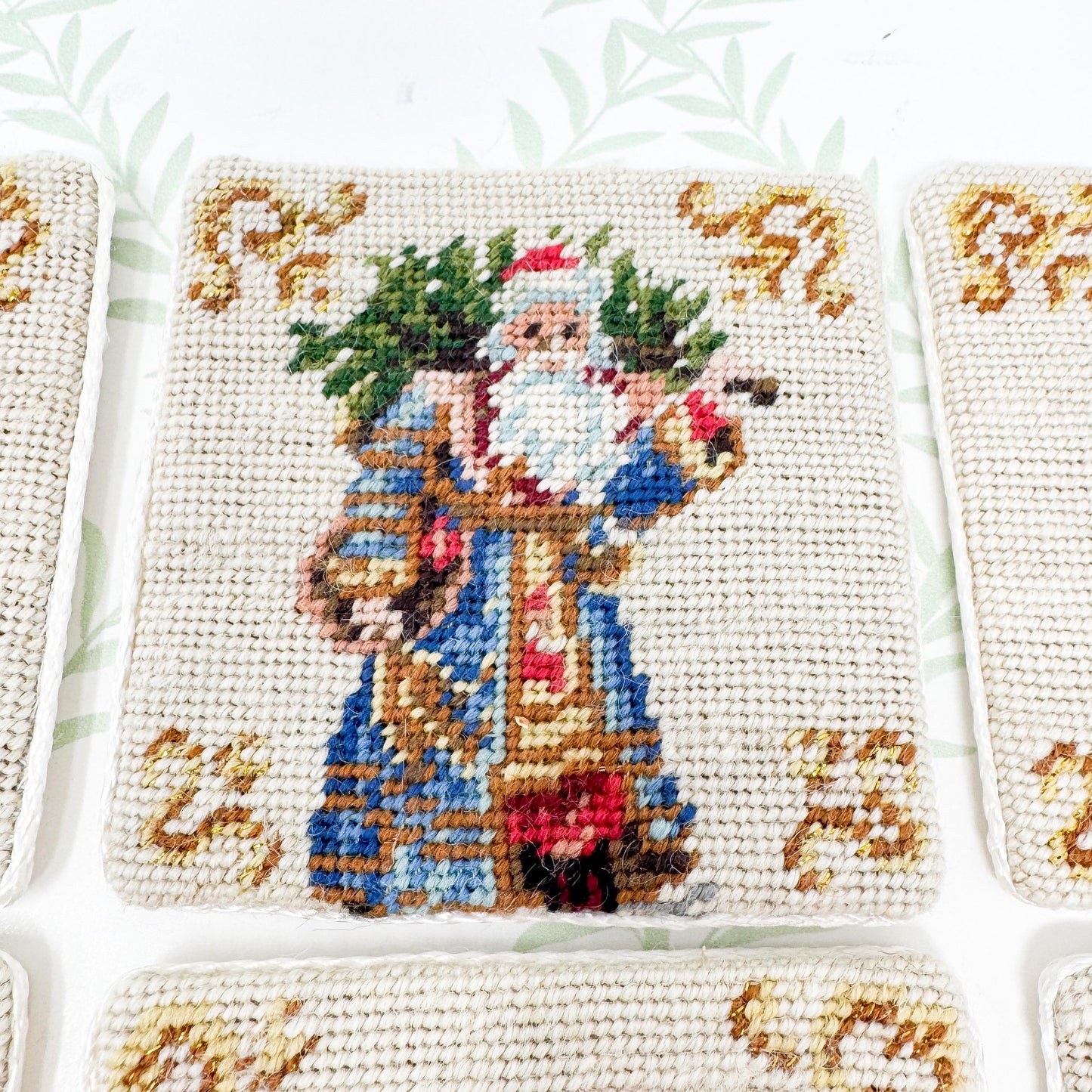 Vintage Needlepoint Christmas Coasters, Santa Claus, Set of 6