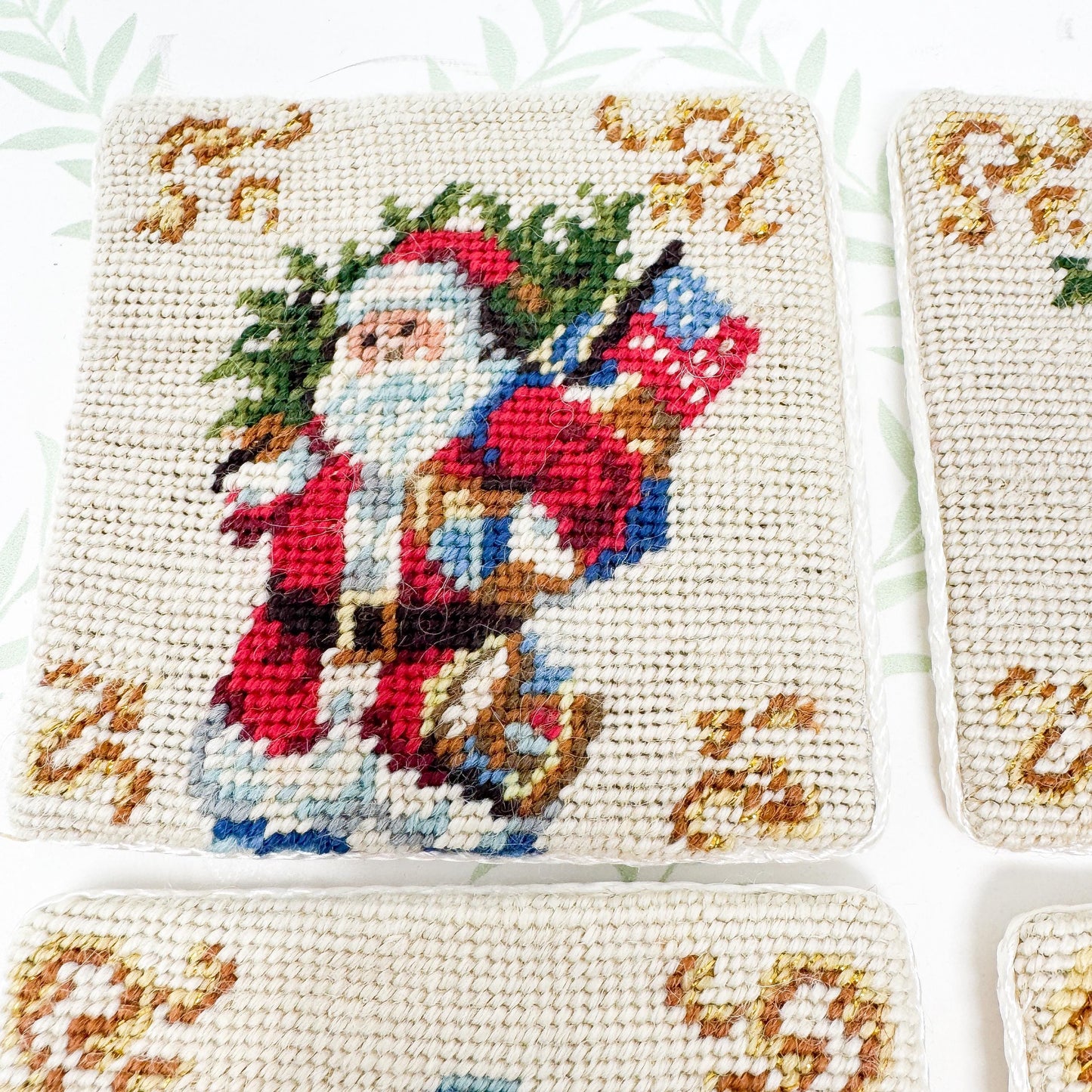 Vintage Needlepoint Christmas Coasters, Santa Claus, Set of 6