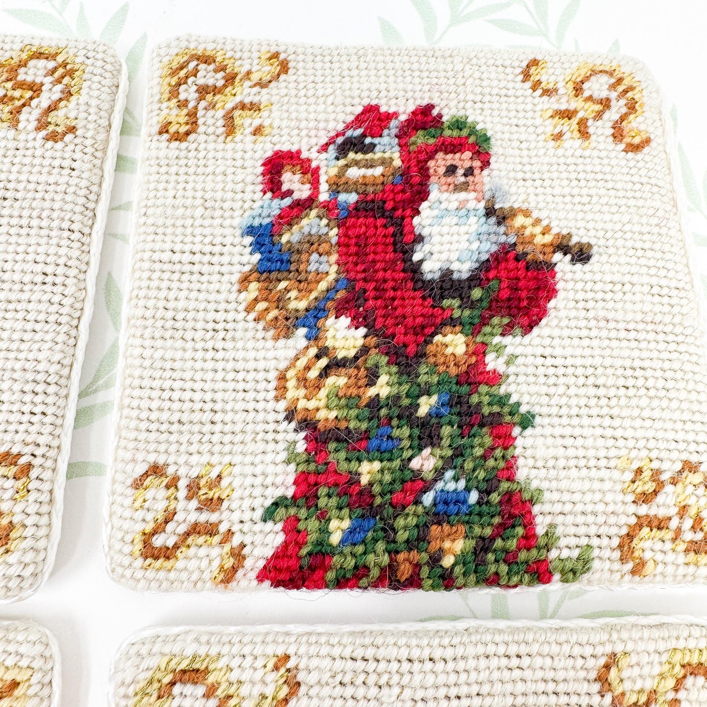 Vintage Needlepoint Christmas Coasters, Santa Claus, Set of 6