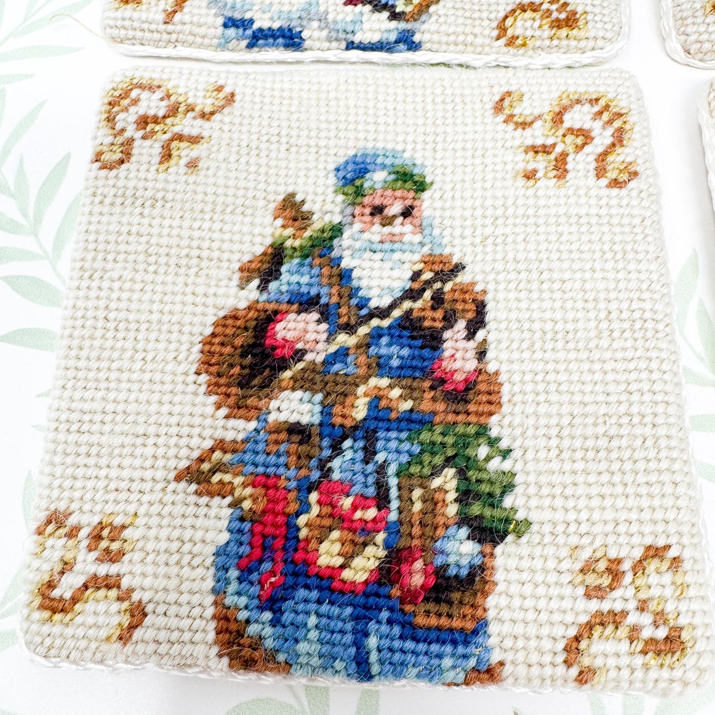 Vintage Needlepoint Christmas Coasters, Santa Claus, Set of 6