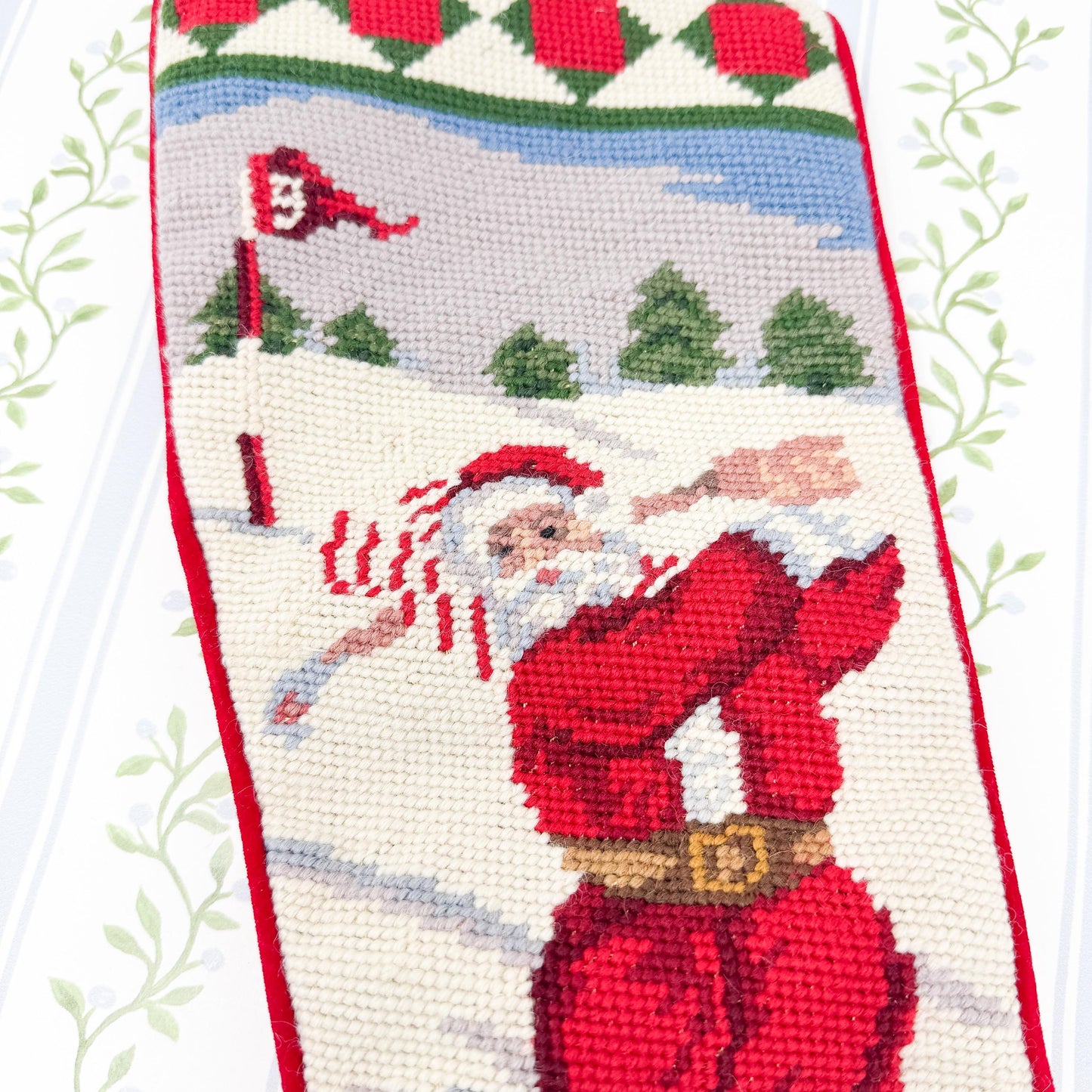 Vintage Needlepoint Santa Golf Christmas Stocking