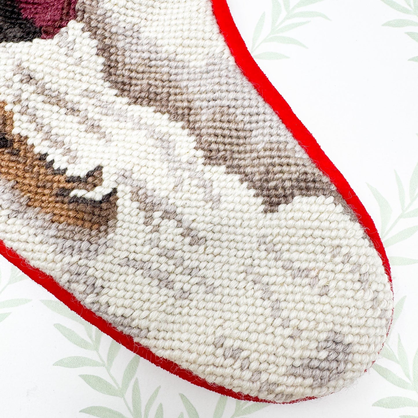 Vintage Needlepoint Christmas Stocking, Santa Skiing
