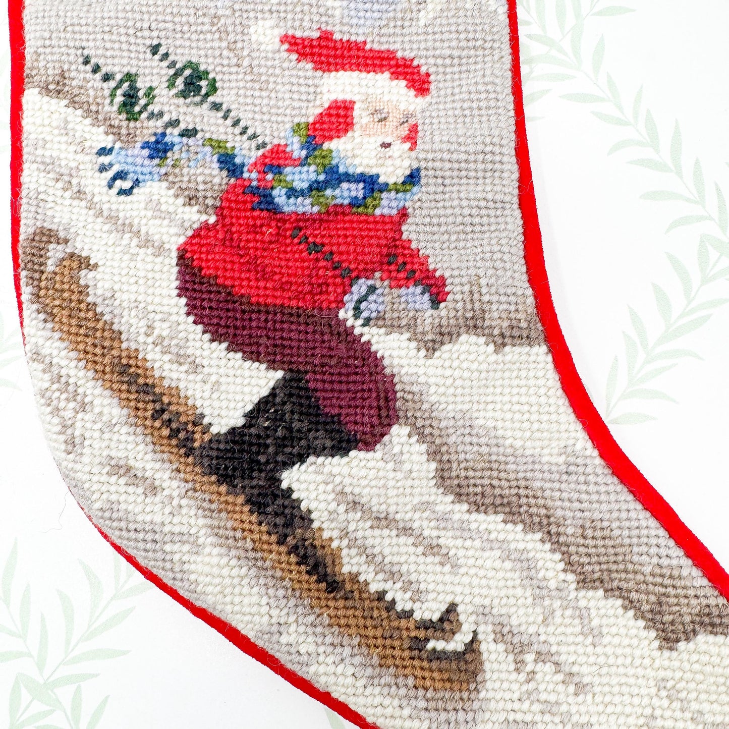 Vintage Needlepoint Christmas Stocking, Santa Skiing