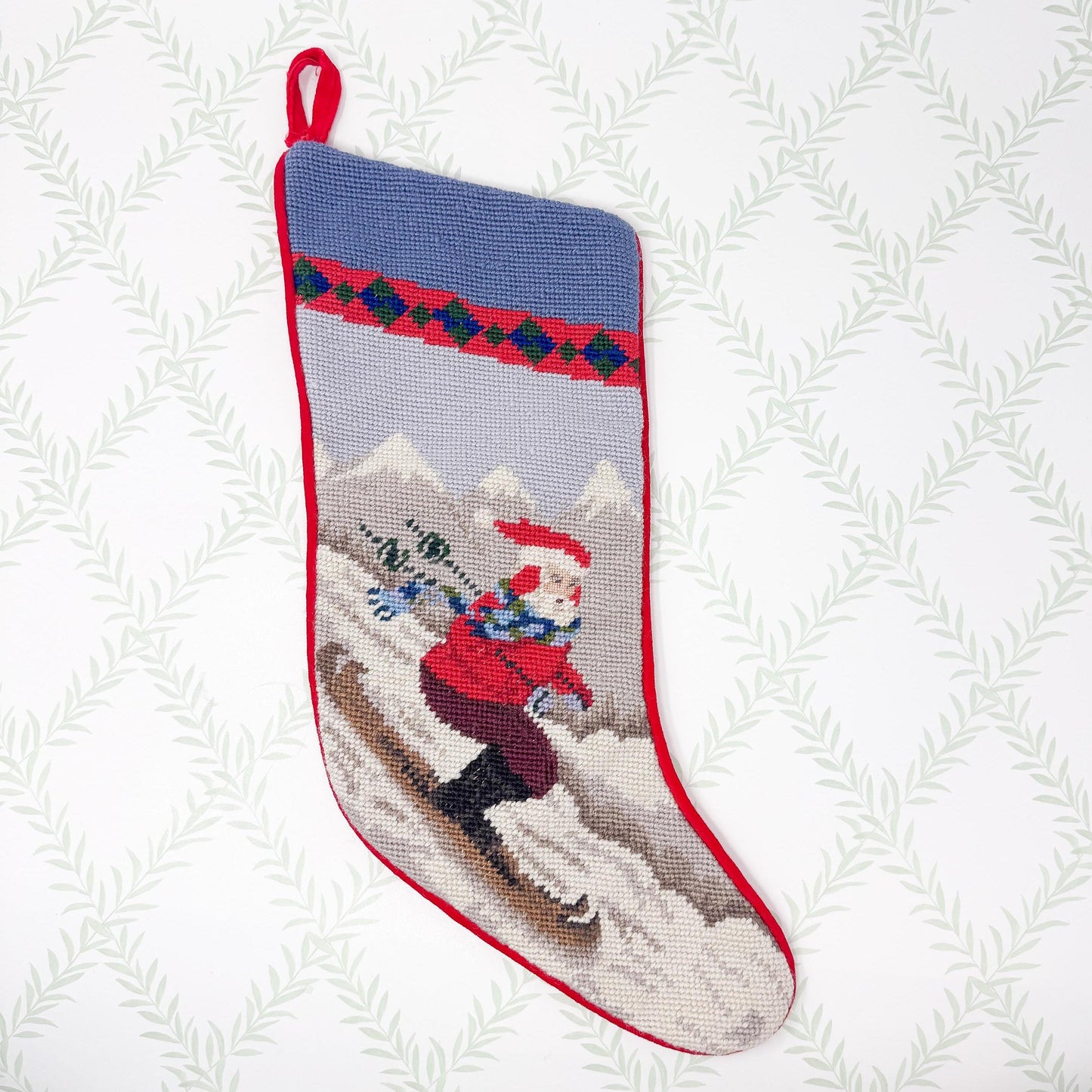Vintage Needlepoint Christmas Stocking, Santa Skiing