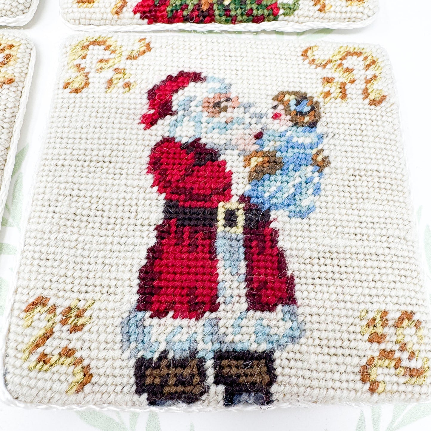 Vintage Needlepoint Christmas Coasters, Santa Claus, Set of 6