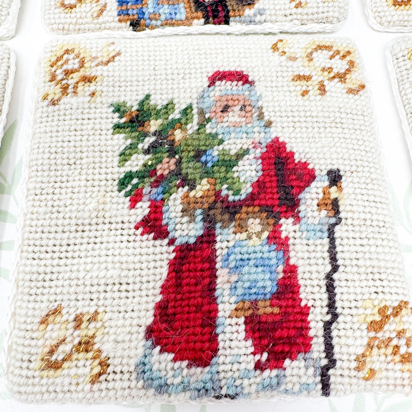 Vintage Needlepoint Christmas Coasters, Santa Claus, Set of 6