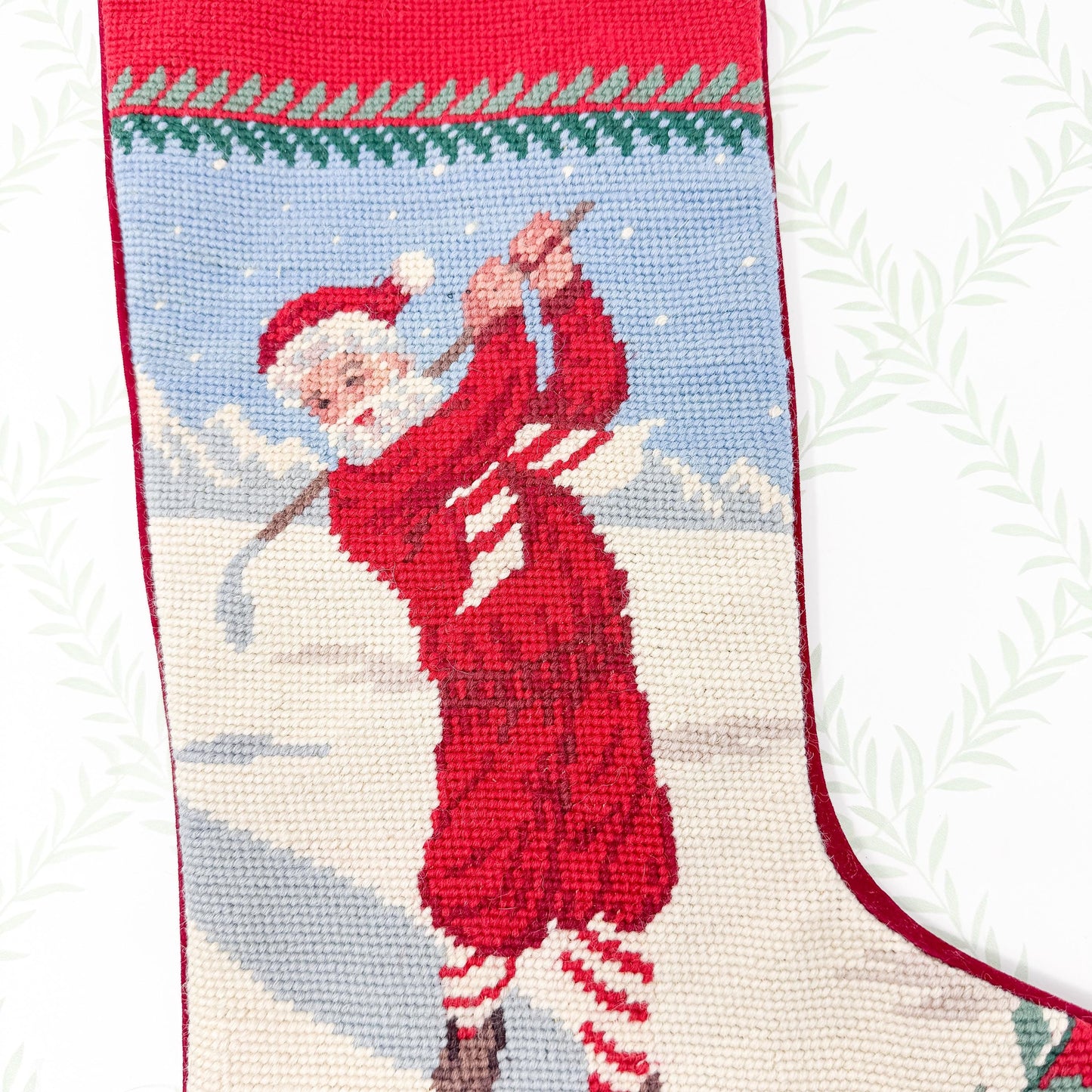 Vintage Needlepoint Christmas Stocking, Santa Golf