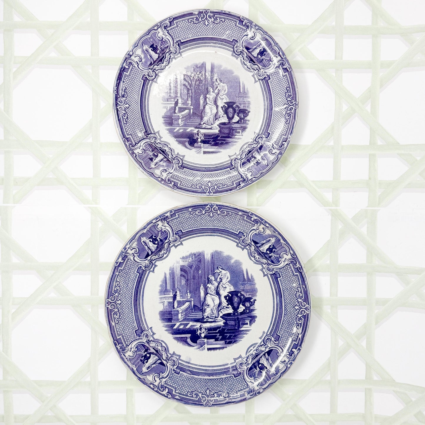 Antique Purple Transferware Plates, PW & Co, Minerva Pattern, c. 1830