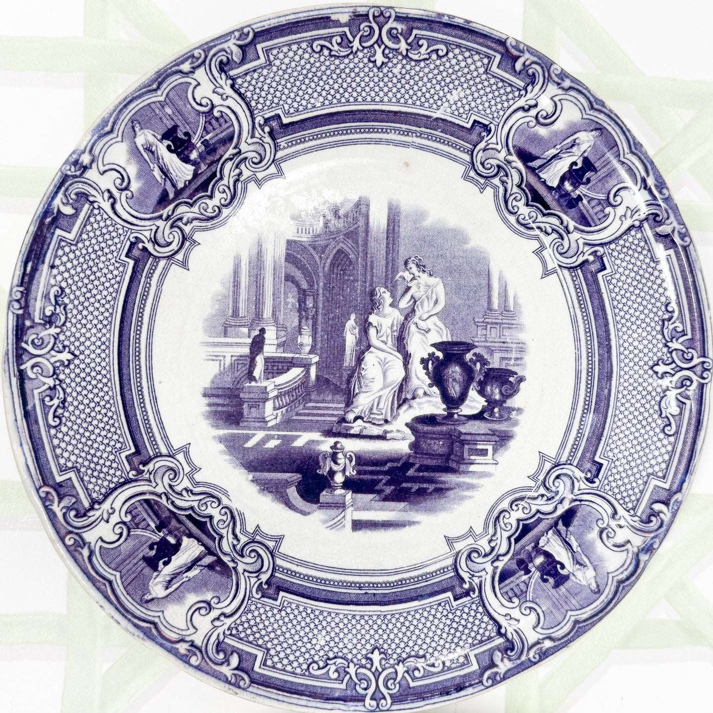 Antique Purple Transferware Plates, PW & Co, Minerva Pattern, c. 1830