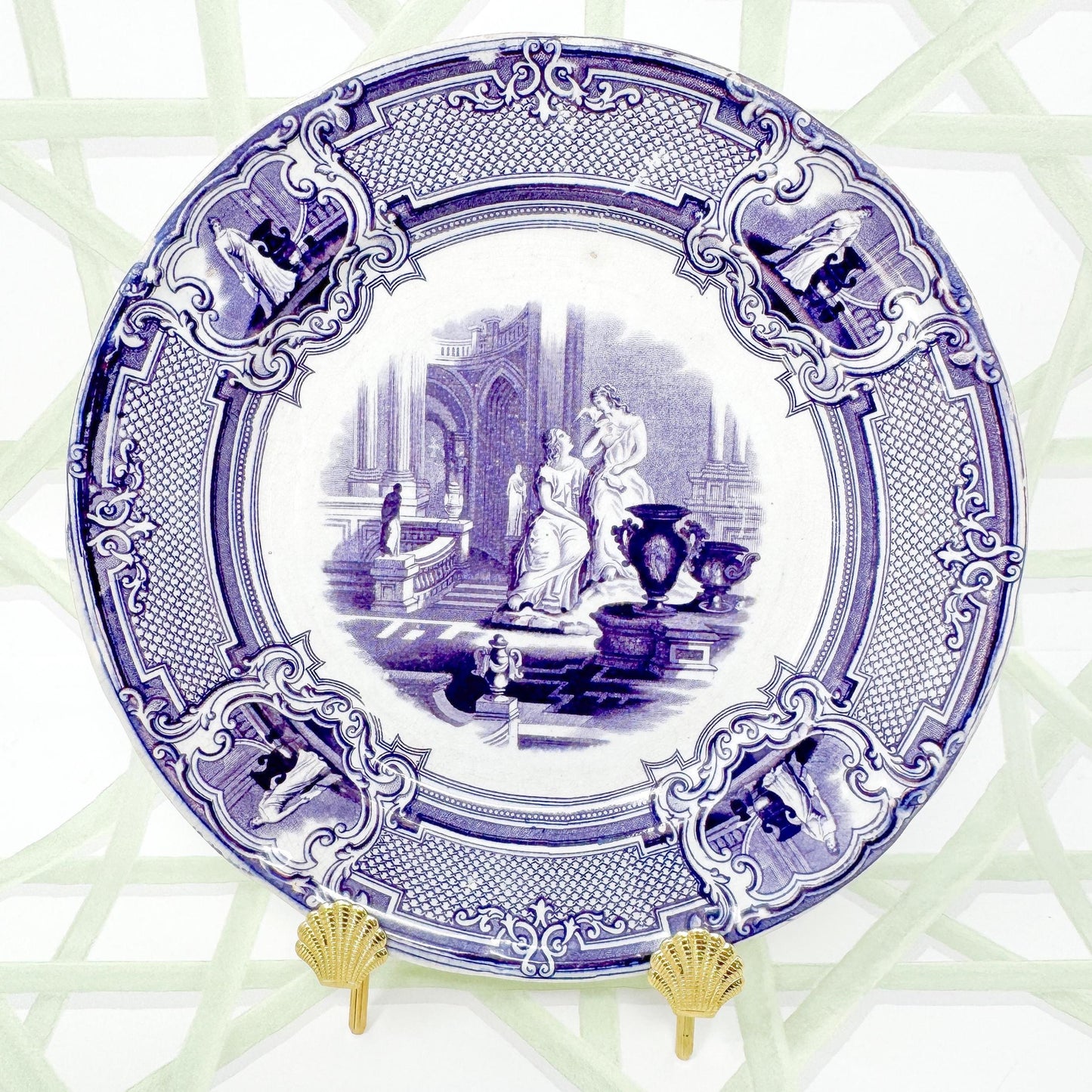 Antique Purple Transferware Plates, PW & Co, Minerva Pattern, c. 1830