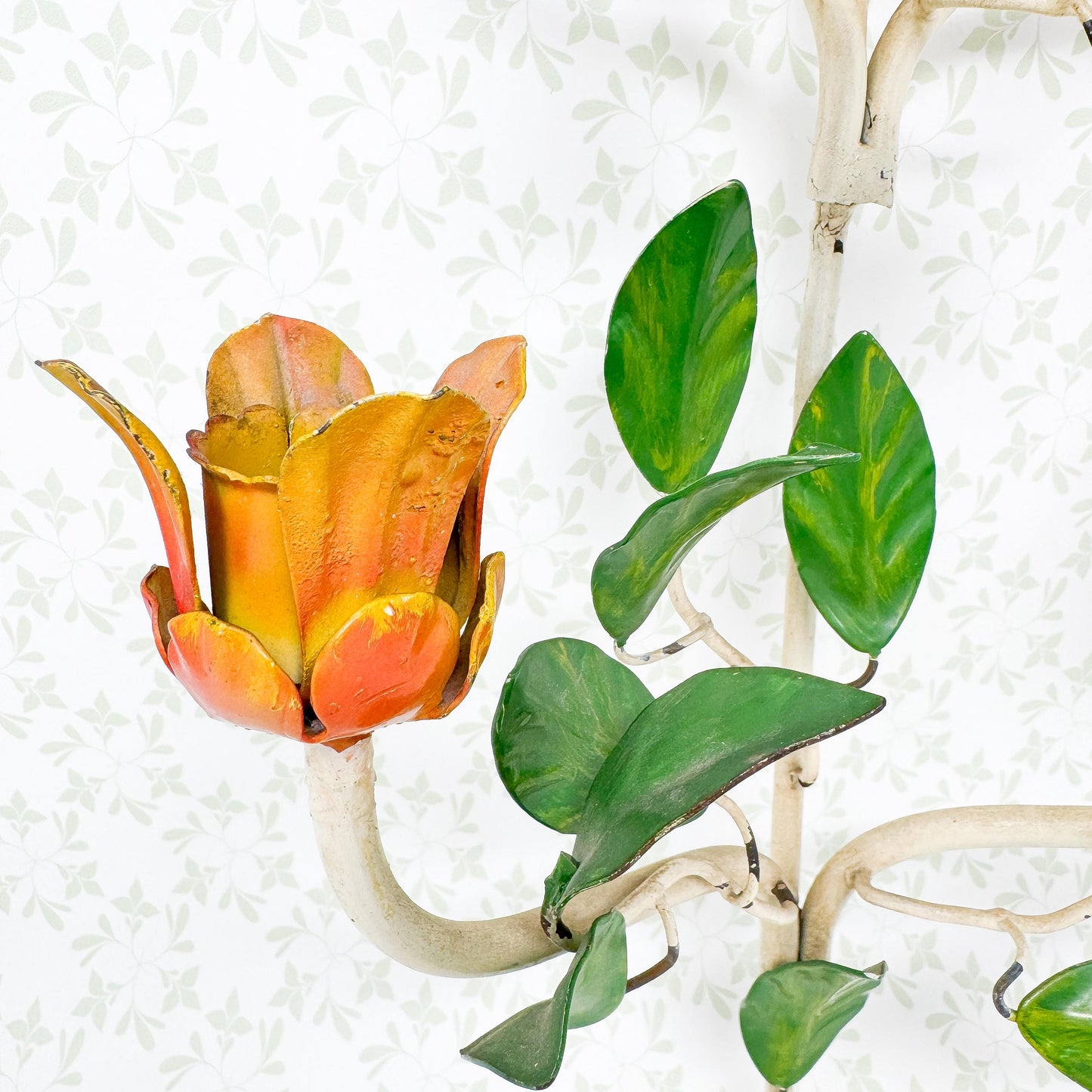 Vintage Italian Chippy Tole Candle Wall Sconce, Tulip and Pear