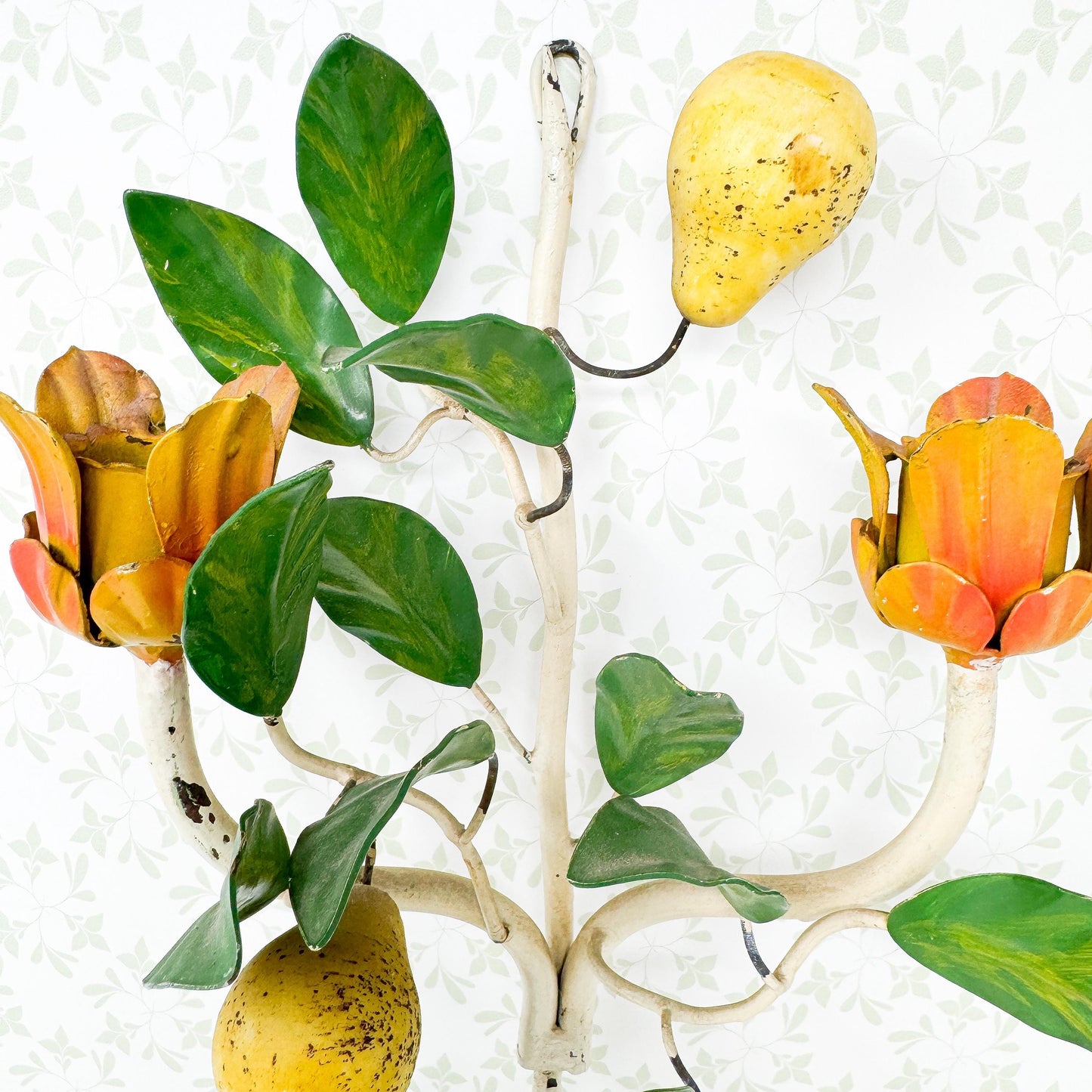 Vintage Italian Chippy Tole Candle Wall Sconce, Tulip and Pear