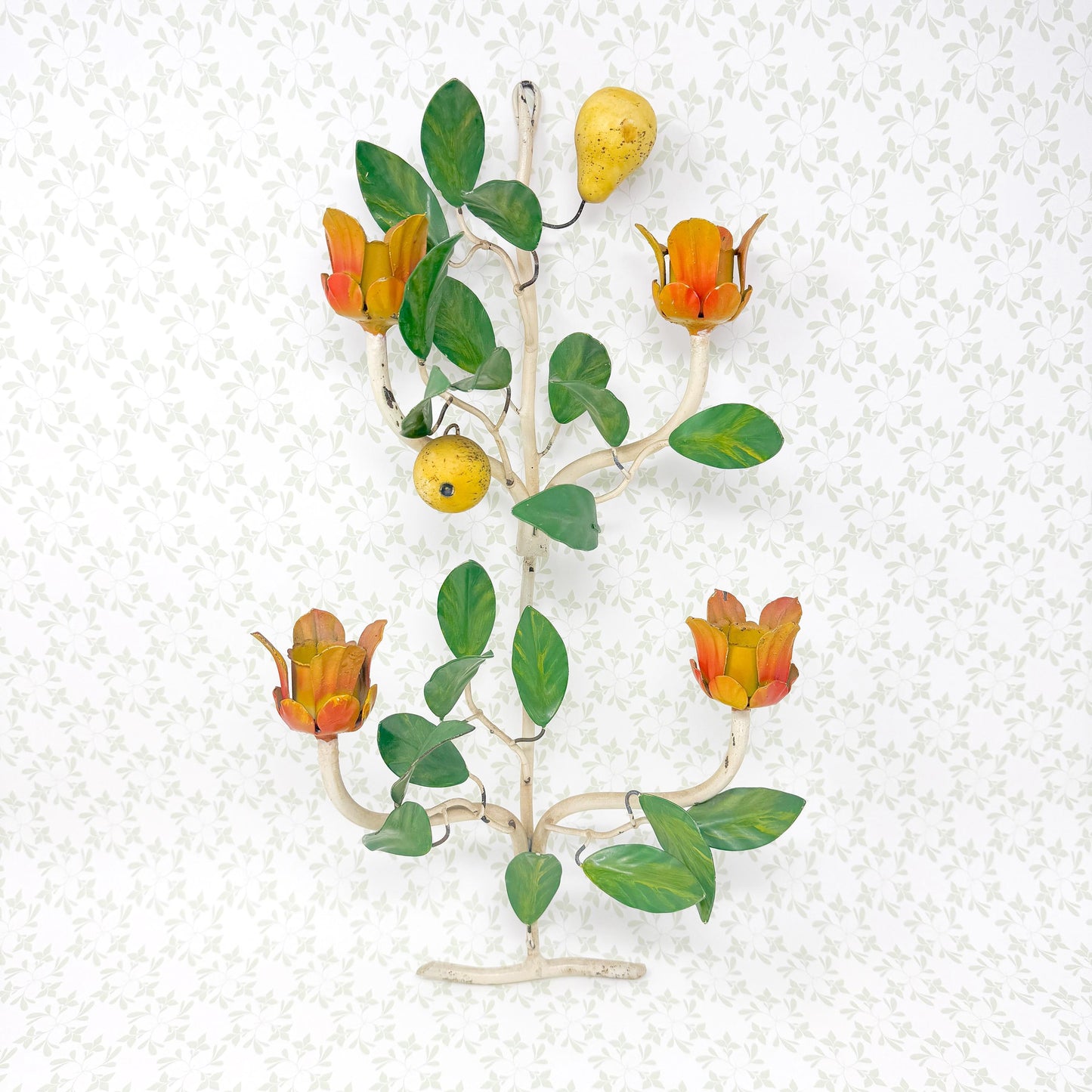 Vintage Italian Chippy Tole Candle Wall Sconce, Tulip and Pear