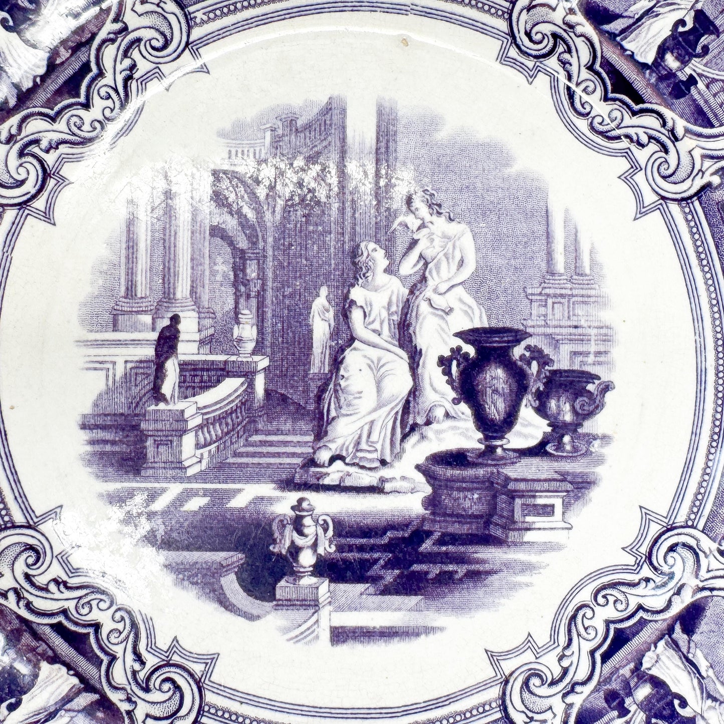 Antique Purple Transferware Plates, PW & Co, Minerva Pattern, c. 1830