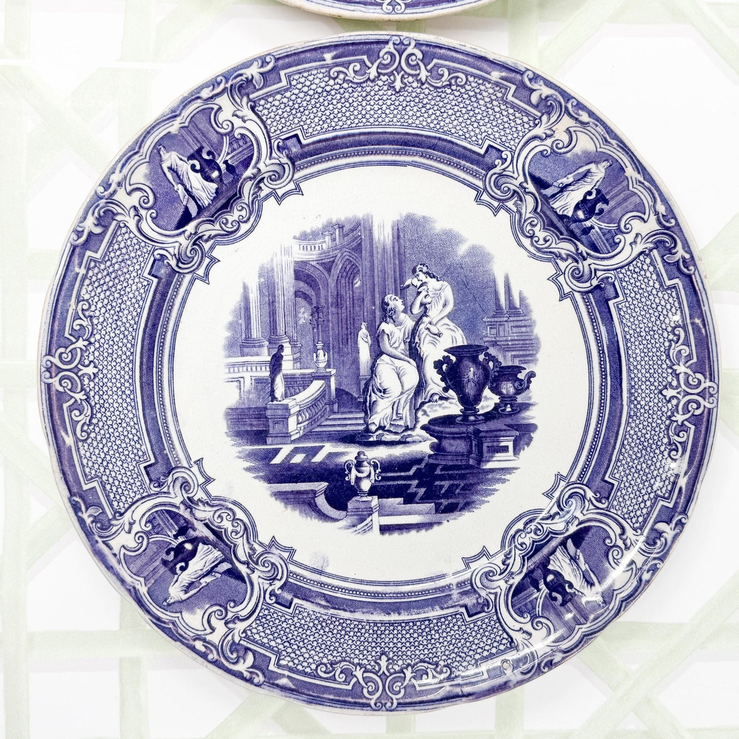 Antique Purple Transferware Plates, PW & Co, Minerva Pattern, c. 1830