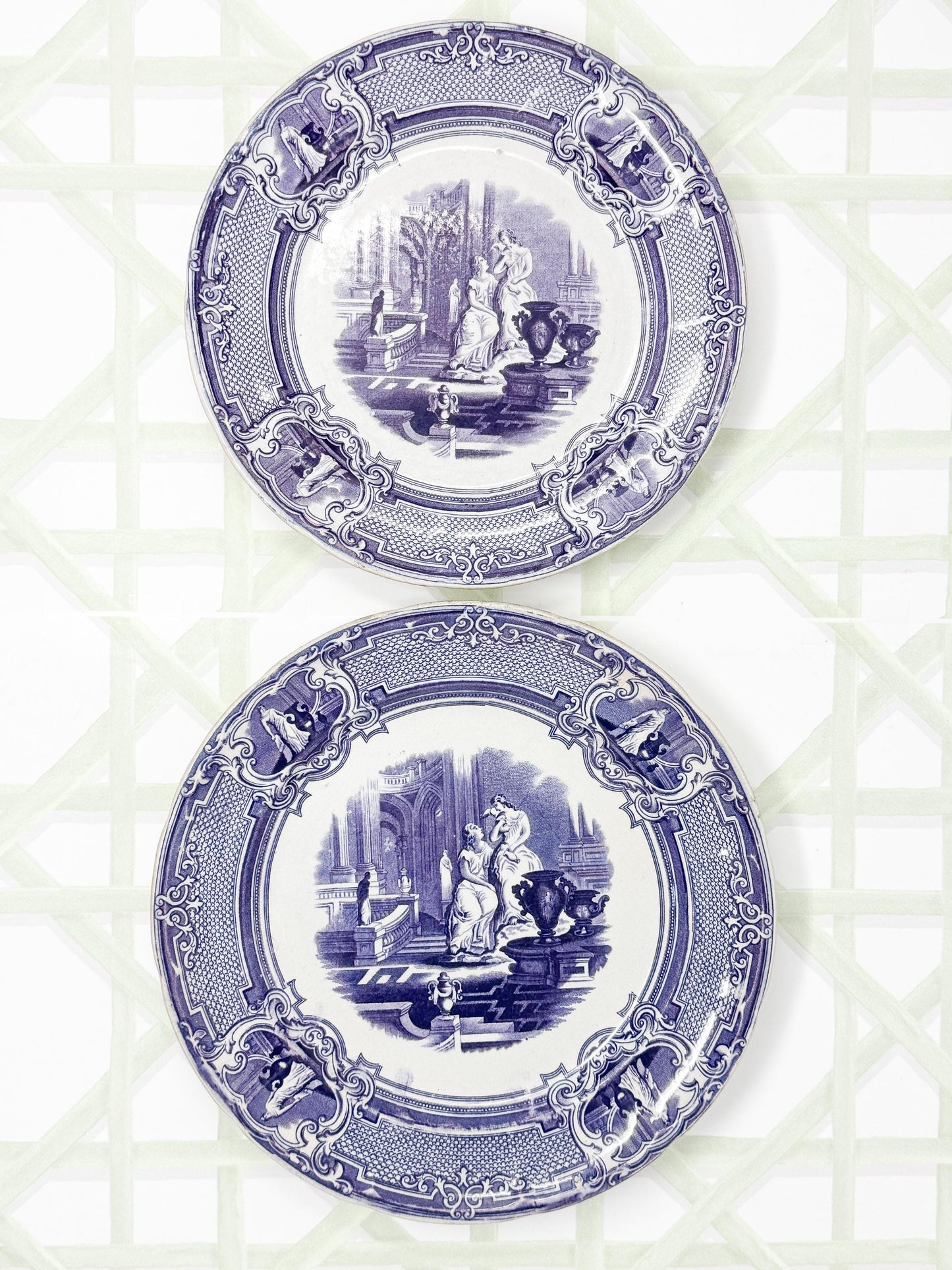 Antique Purple Transferware Plates, PW & Co, Minerva Pattern, c. 1830