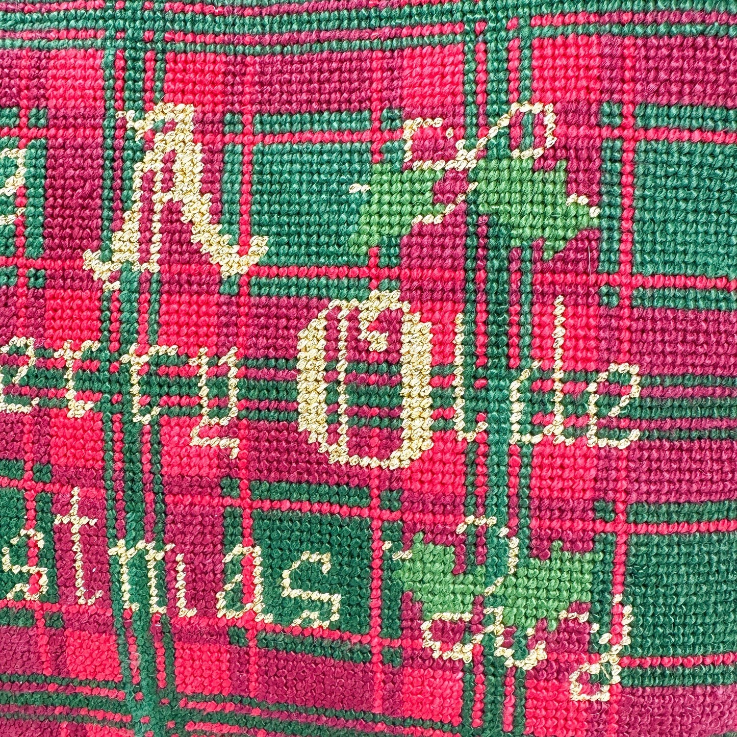 Vintage Handmade Christmas Needlepoint Pillow, Merry Olde Christmas