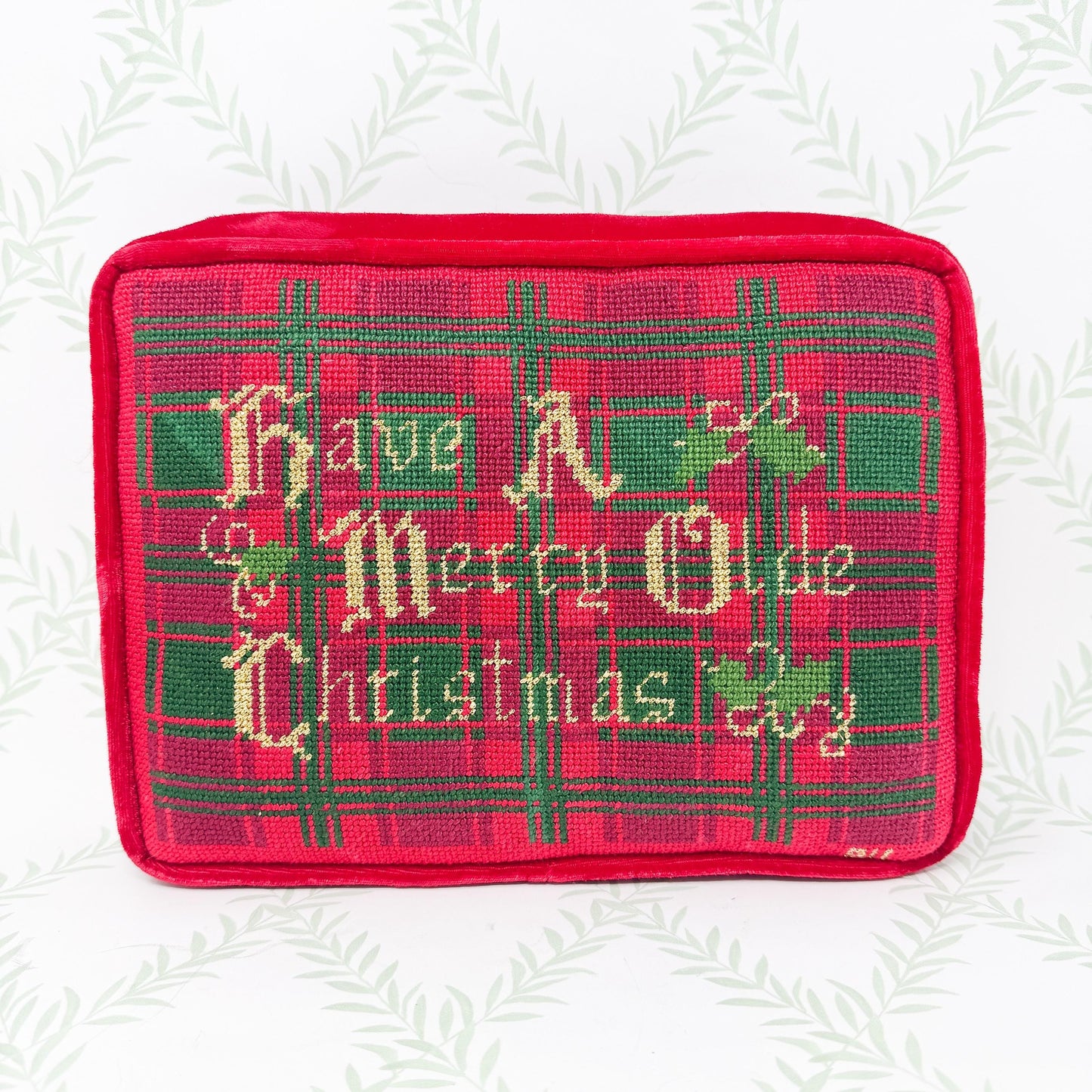 Vintage Handmade Christmas Needlepoint Pillow, Merry Olde Christmas