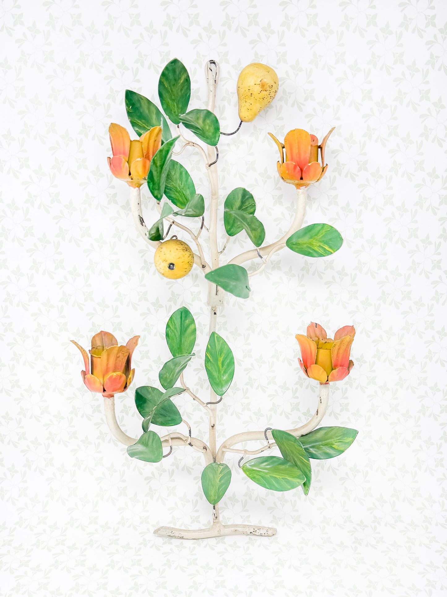 Vintage Italian Chippy Tole Candle Wall Sconce, Tulip and Pear