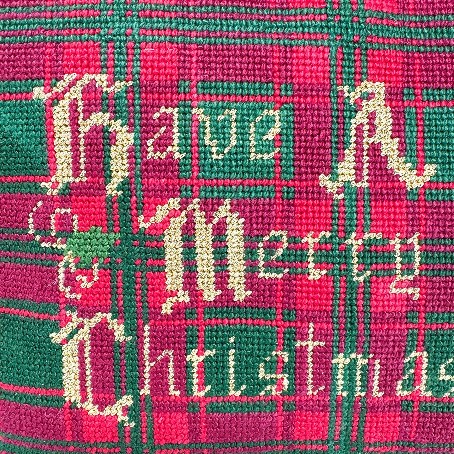 Vintage Handmade Christmas Needlepoint Pillow, Merry Olde Christmas