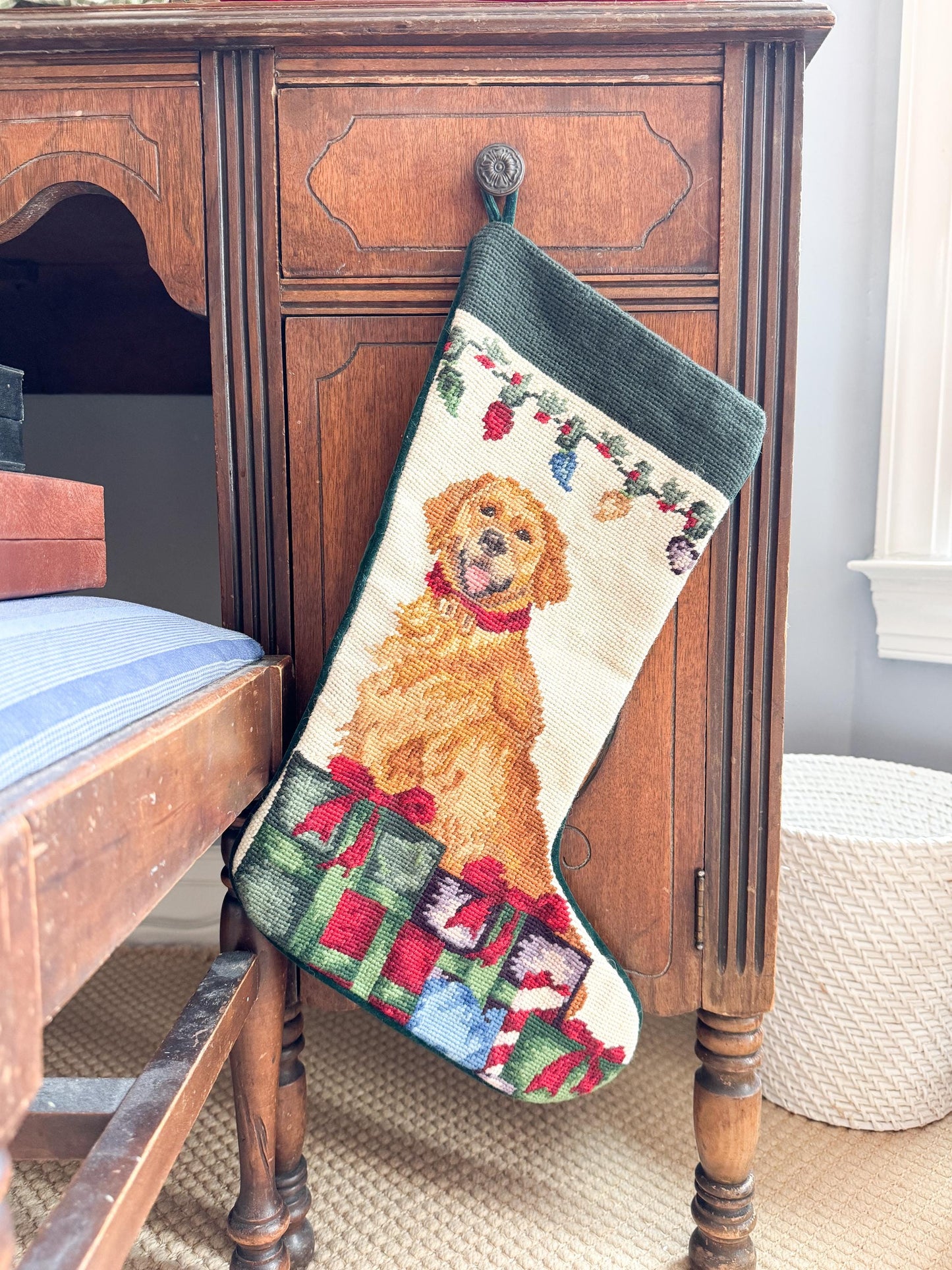 Vintage Needlepoint Dog Christmas Stocking, Golden Retriever