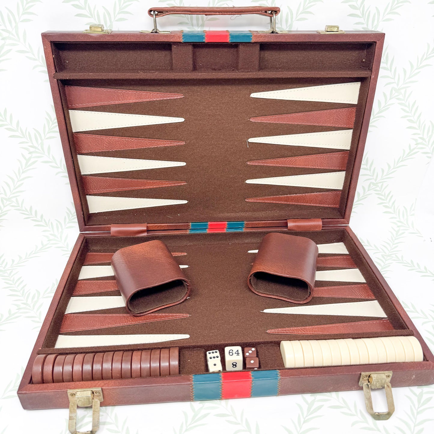 Vintage Full Size Backgammon Set, Brown Leather Case with Red and Green Stripe