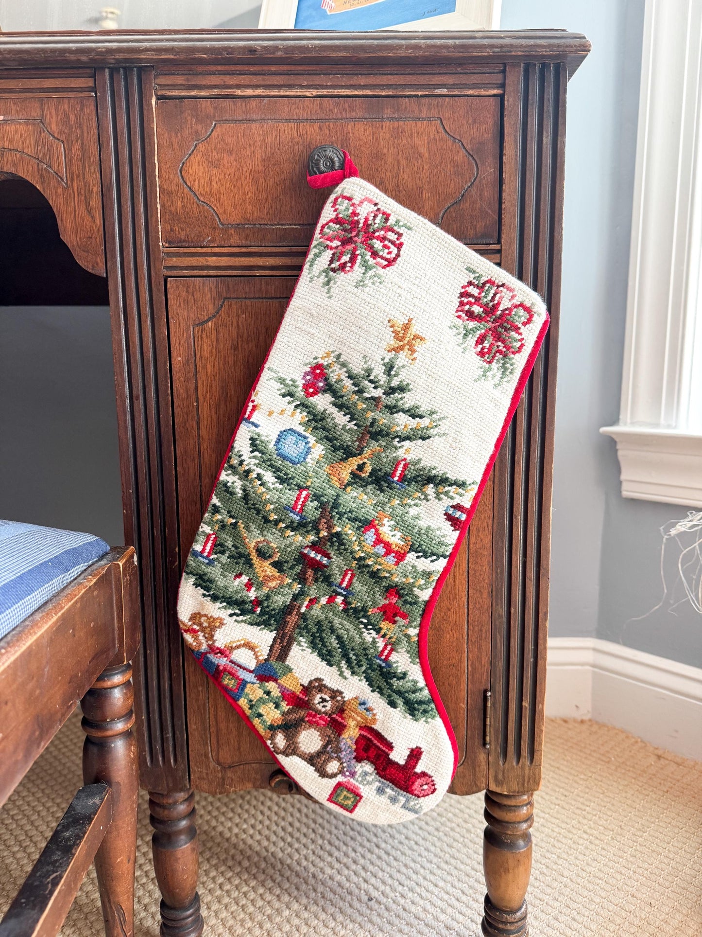 Vintage Handmade Needlepoint Christmas Stocking, Christmas Tree and Toys