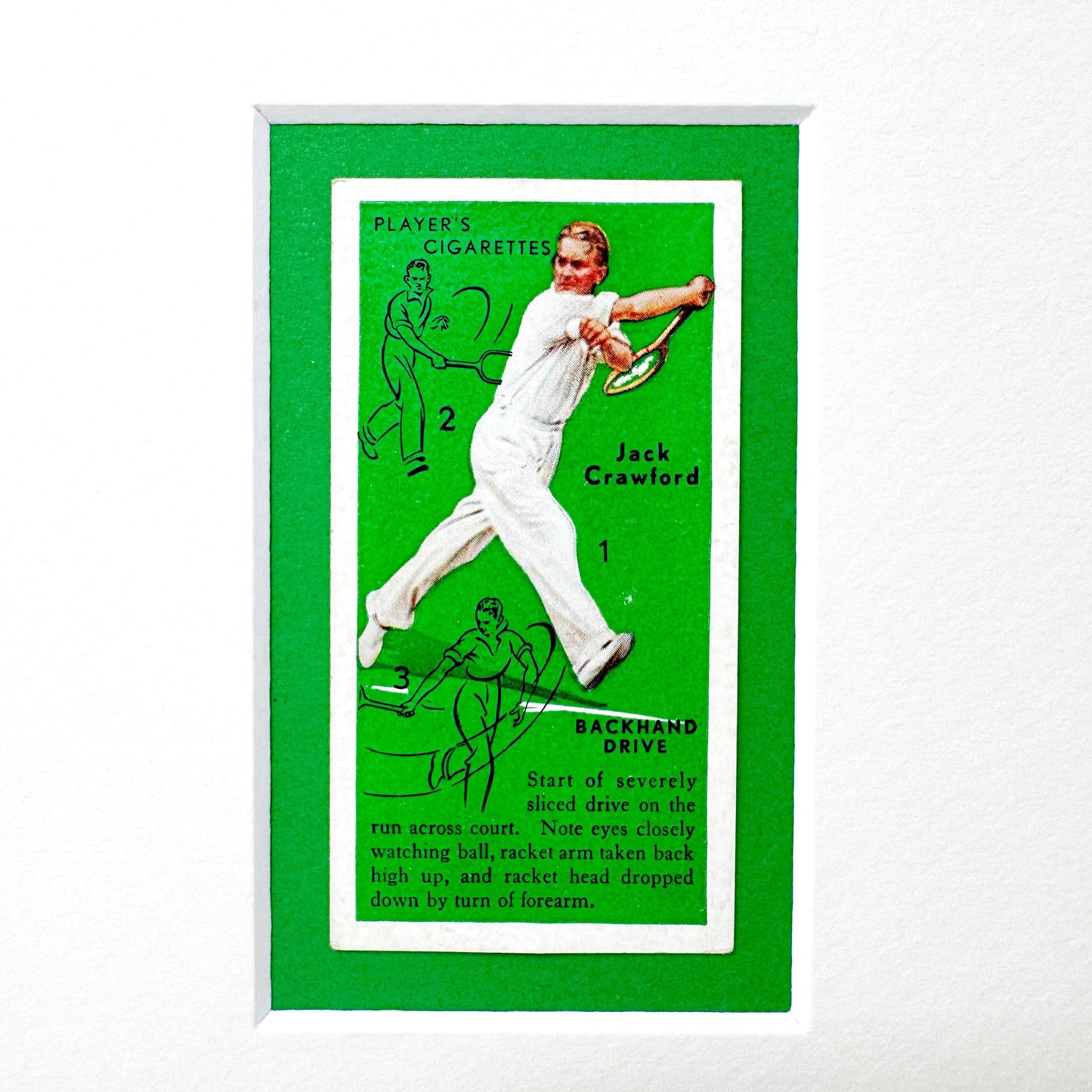 Framed Vintage Tennis Cigarette Card, c. 1936, "Backhand Drive"