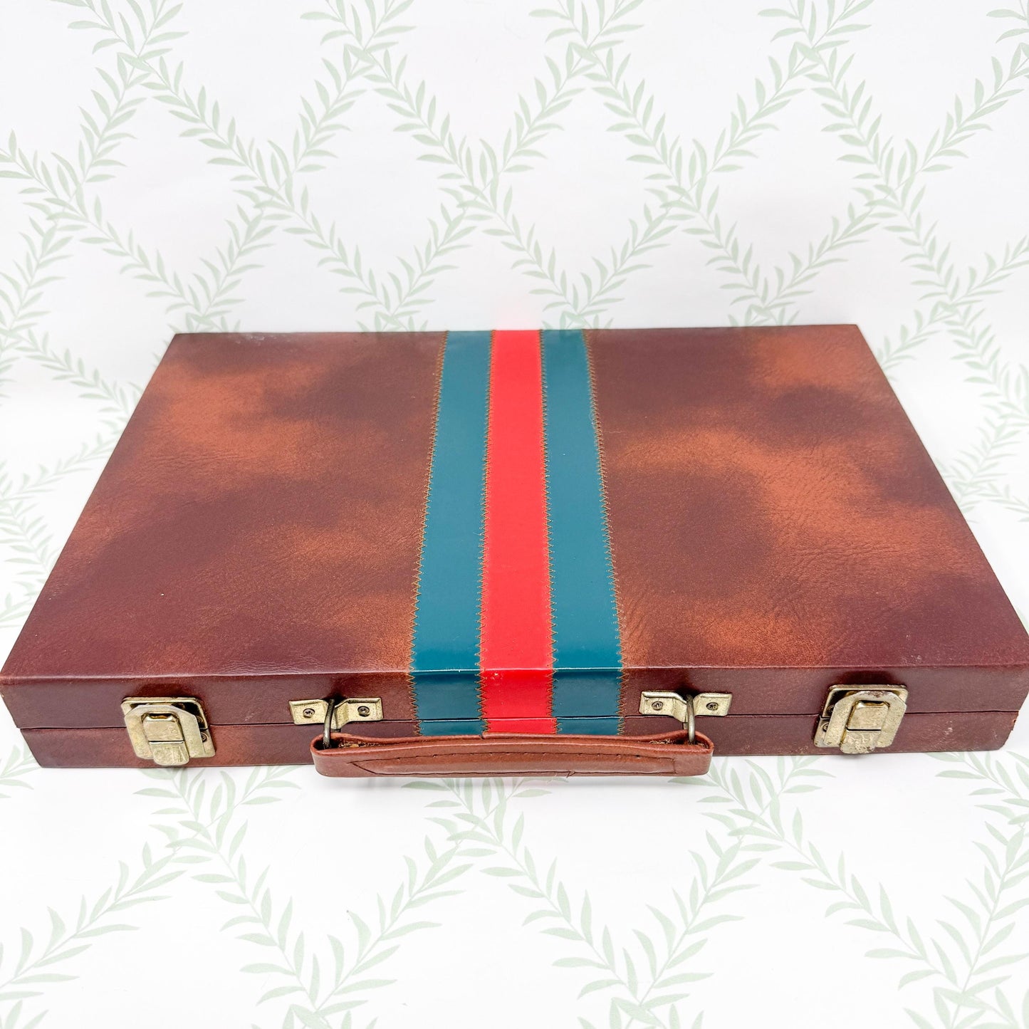 Vintage Full Size Backgammon Set, Brown Leather Case with Red and Green Stripe